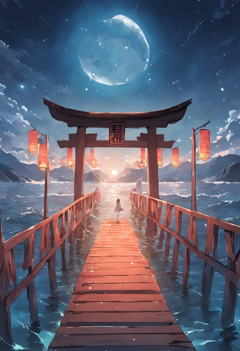 On the sea is a wooden bridge across the sea，nigh sky，themoon，Chinese lanterns