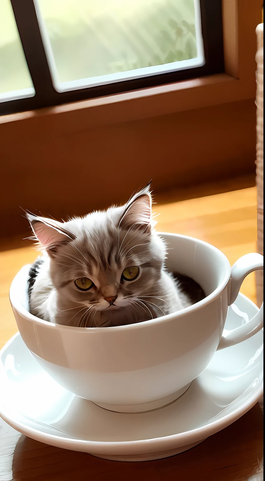 Cat, (Himalayan), (Small)))), in a teacup, Face, Front paws out, 8K, Professional photo, Delicate, Clear, On the table, Inside the house, Sunshine, Light Leak, Masterpiece, ((Pretty))), Fashionable Teacup, (Reality), Plush Toy, Round Pupils
