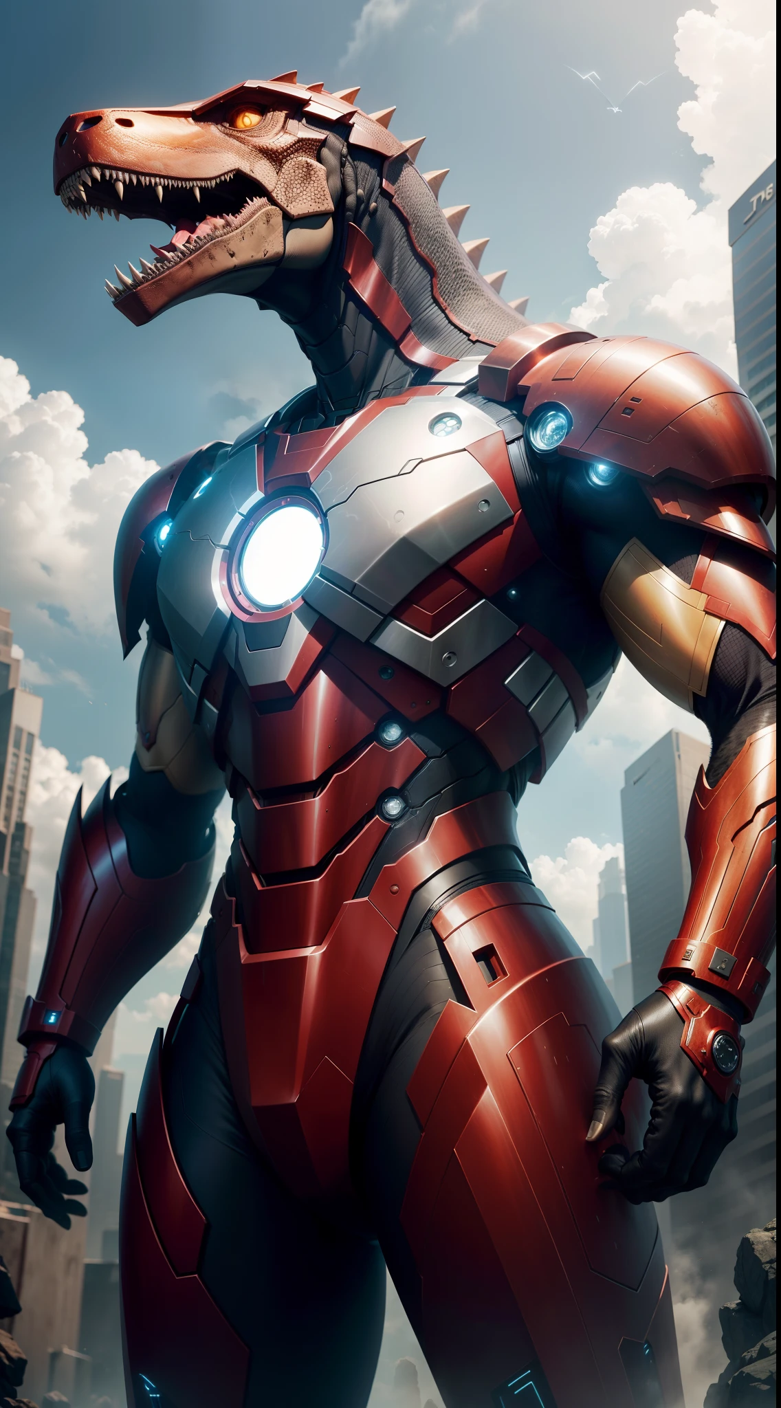 The image depicts a fascinating fusion between the "Homem de Ferro" e um "Tiranossauro Rex". This creative interpretation combines the striking characteristics of the hero with the grandeur and majesty of one of the most iconic dinosaurs.
O corpo do personagem apresenta uma armadura estilizada, inspirada no traje do Homem de Ferro. Metallic and technological elements mix with the physical characteristics of Tyrannosaurus Rex, como suas garras afiadas e aterradoras.
A armadura possui tons de vermelho e dourado, referring to the Iron Man aesthetic. No entanto, textured elements and scale details are incorporated, giving the character a prehistoric twist.
The dinosaur's head is stylized with an eye opening, that shine with the same technological intensity as Iron Man's eyes. The open jaw reveals sharp, menacing teeth.
The background of the image is a combination of futuristic elements and natural scenery, representando o encontro entre tecnologia e natureza.
This image offers an impressive view of a "Dinosaur Rex" with features of the "Homem de Ferro", criando uma figura que exala poder e originalidade. It evokes a sense of wonder and curiosity, inviting the viewer to explore this unique fusion between two distinct worlds.