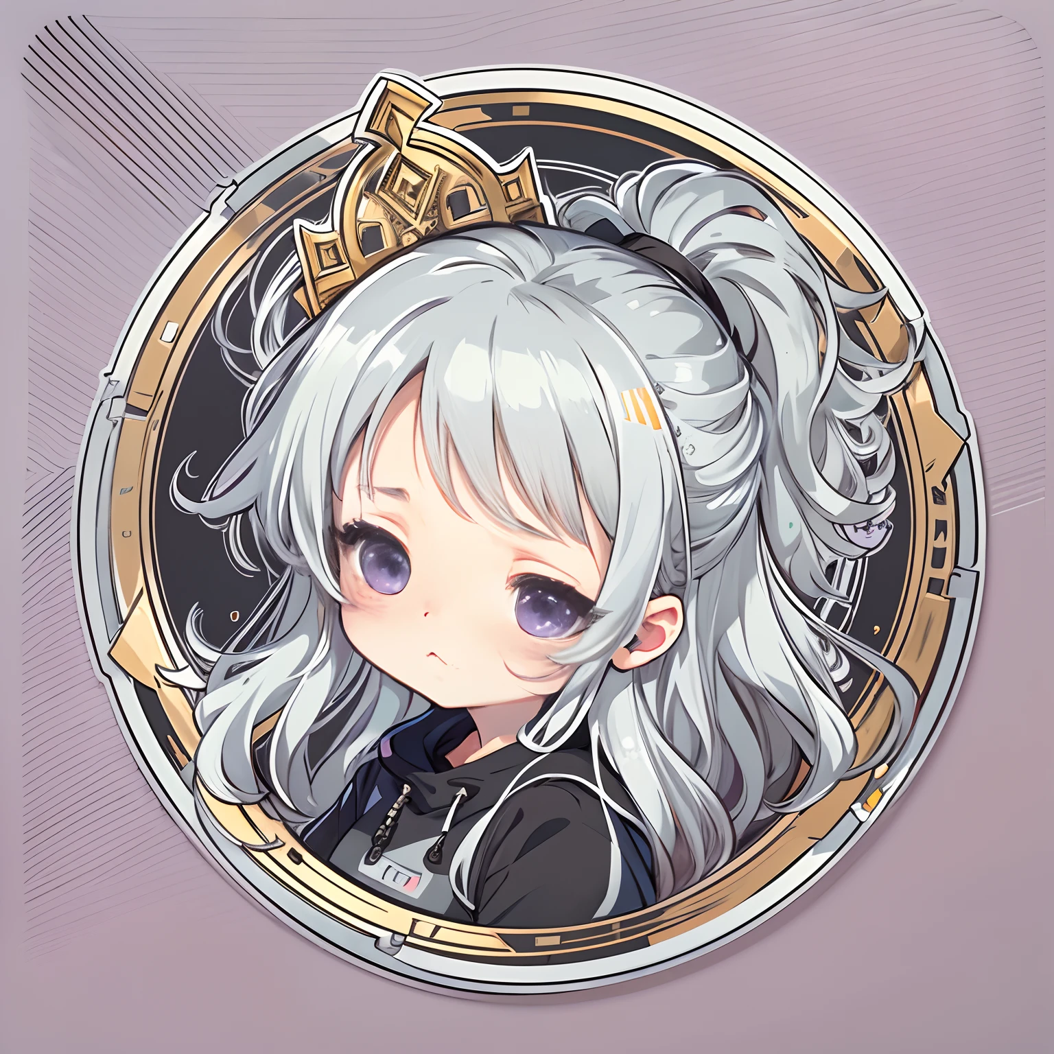 Sticker, Cute anime girl head, Long silver-white hair,Light purple eyes,Black cute clothes,Lazy feeling,in circle, White background, Gold border,Simple, Ultra detailed, Detailed drawing, vectorised, Silhouette, 8K, professional sticker design, Flat design, Vector lines, Sticker, Drawing, Drawing, Full-HD