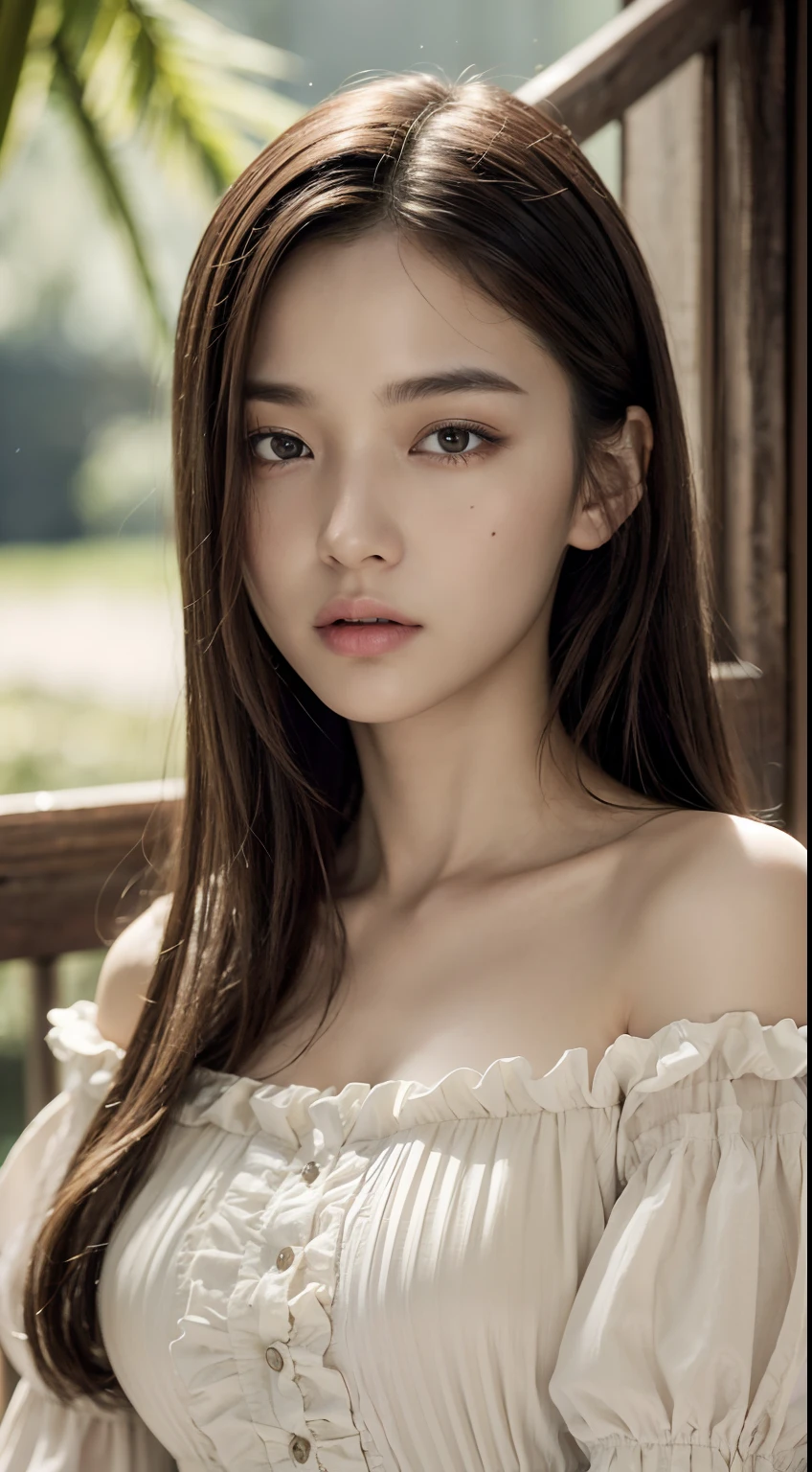 film portrait photography, 1girl, bare shoulders, wavy shoulder-length hair, serene, calm, (realistic detailed eyes, natural skin texture, realistic face details), soft dramatic lighting, depth of field, bokeh, vibrant details, finely detailed, hyperrealistic, 35mm film, hazy blur