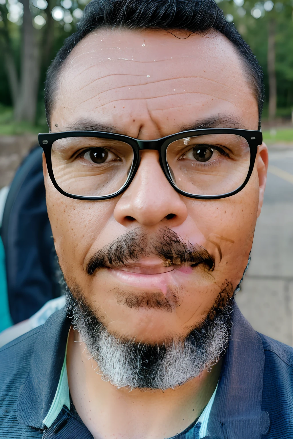 guttonerdvision12, Create an ultra-high-definition (8k UHD) portrait of a 40-year-old man wearing glasses. The scene is set in an outdoor park, with a carefully controlled depth of field to add a sense of depth and focus to the image. Pay special attention to rendering the man's skin with highly detailed texture (1.2 level of detail), capturing the nuances and imperfections. Use a DSLR camera, specifically the Fujifilm XT3, to achieve a high-quality image. Illuminate the scene softly to bring out the subject's features, and add a subtle film grain effect for added character and visual appeal.