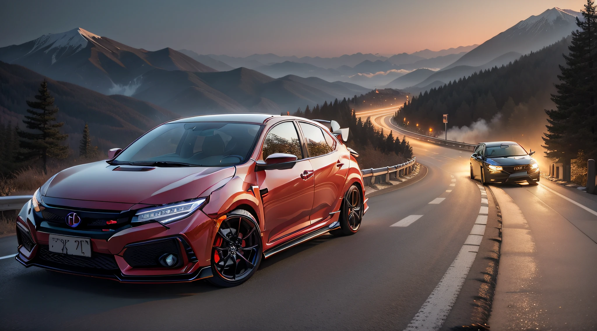 One cut in one,Cars driving on mountain passes at night,Japan Nikko Iroha is set on a slope,Honda Civic Type R,Body color is red,,Customized Cars,in 8K,dynamic scene,Sand smoke,Dynamic lighting,Headlights are on,The streetlights are ringing,Scenes like live-action footage