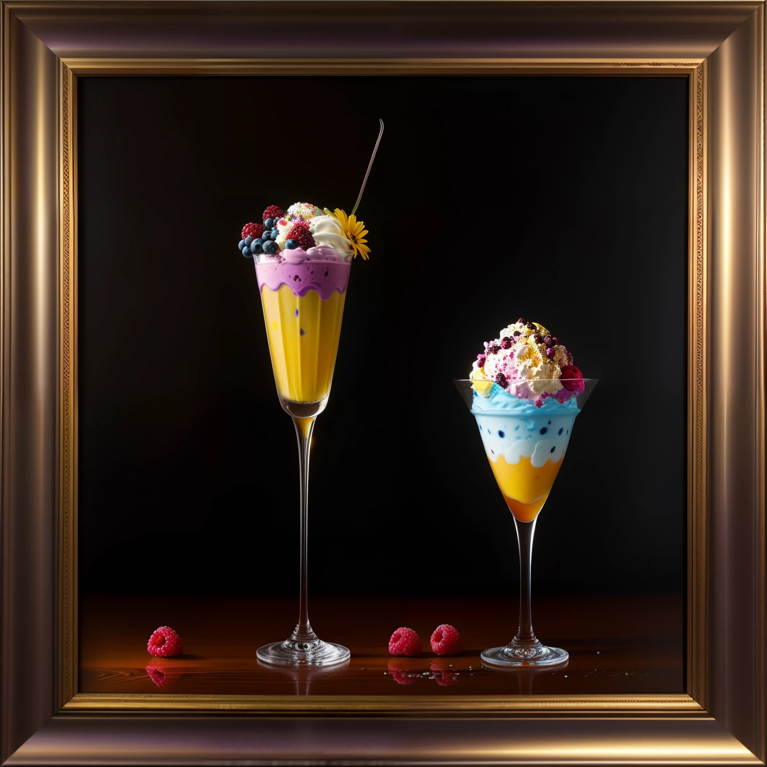 Colorful flowers on the table,
knickerbocker glory, tall and ultra-thin glasses, colorful ice cream, purple ice cream, raspberry, cooley, blueberry, chopped chocolate, powdered sugar, intricate, oil on canvas, masterpiece, expert, detail, 4K resolution, splash art, concept art, composition, framing, refined features,