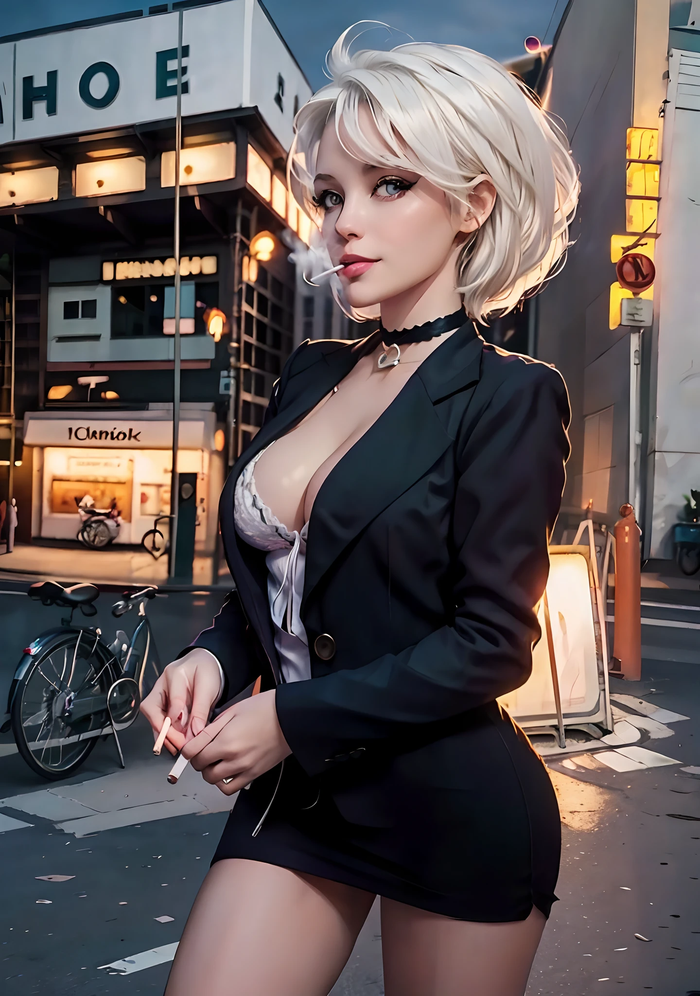 (masterpiece, best quality:1.2), cowboy shot, solo, 1girl, white hair, short wavy hair, purple eyes, average breasts, slender body, light smile, looking at viewer, one hand in pocket, lady office suit, cleavage, choker, cityscape scenery, street, night light, night time, smoking cigarette, cigsmoker, fingers holding cigarette