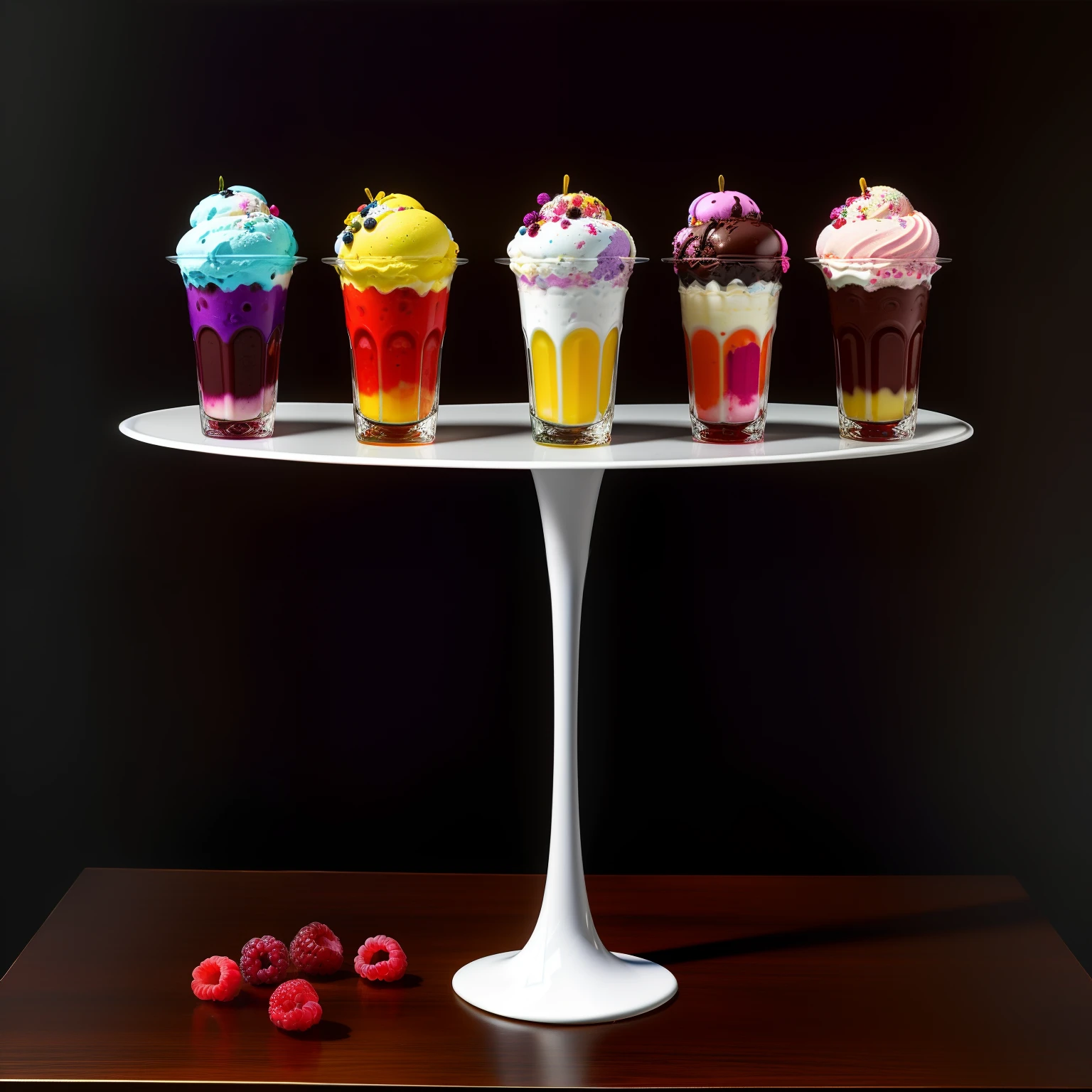 Colorful flowers on the table,
knickerbocker glory, tall and ultra-thin glasses, colorful ice cream, purple ice cream, raspberry, cooley, blueberry, chopped chocolate, powdered sugar, intricate, oil on canvas, masterpiece, expert, detail, 4K resolution, splash art, concept art, composition, framing, refined features,