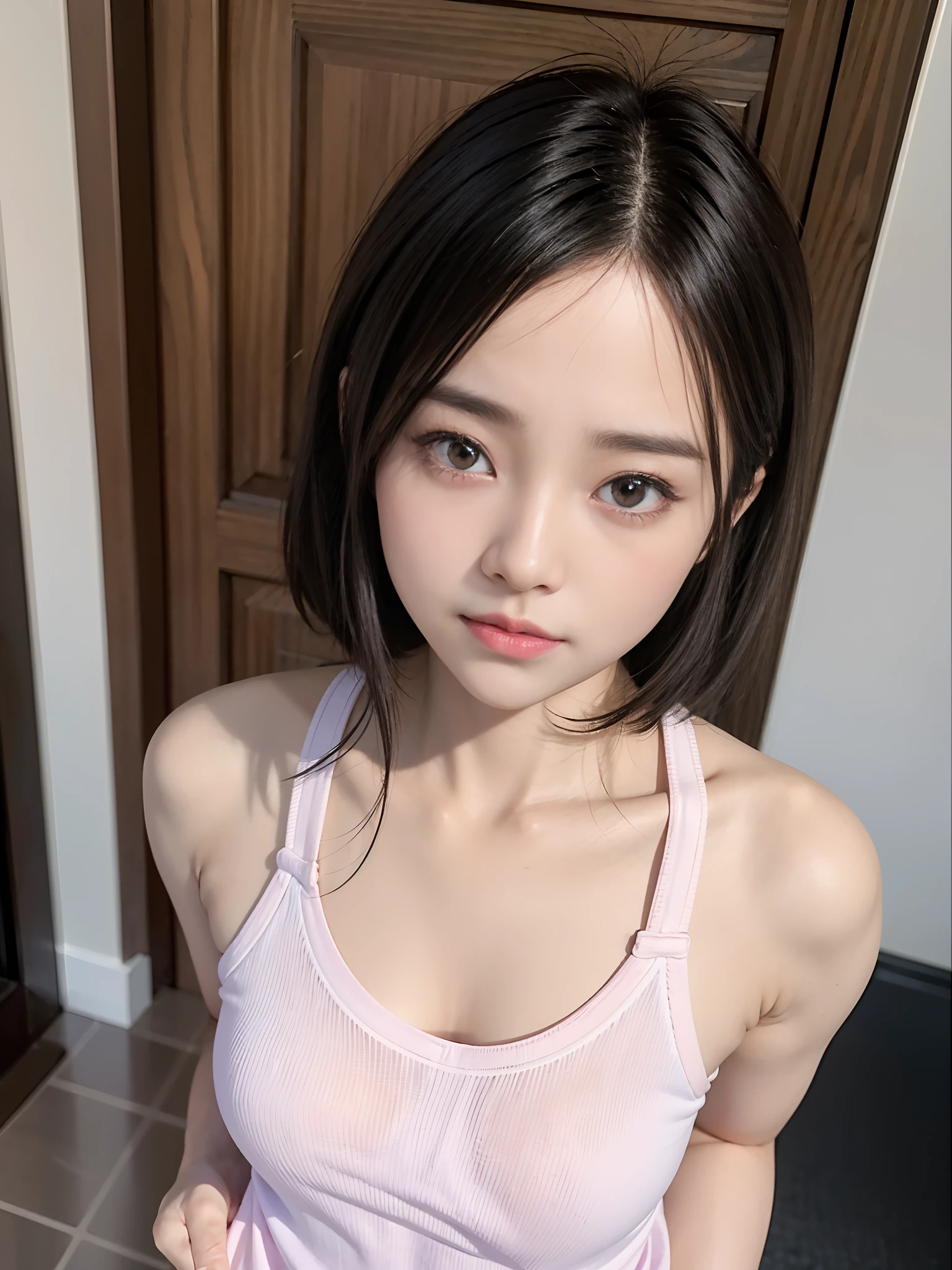 tmasterpiece,1girll, Delicate skin, looking at viewert, Brown eyes,(realisticlying:1.4), (Best picture quality:1.0), (超高分辨率:1.0), 8K, primitive,(PureErosFace_V1:0.5),Short straight black hair at the shoulders,Small chest,flatchest,Inside the white shirt is a pink-purple yoga vest,Wearing a medical mask on his face,at the doorstep of a school,outside,Dusk light,The upper part of the body