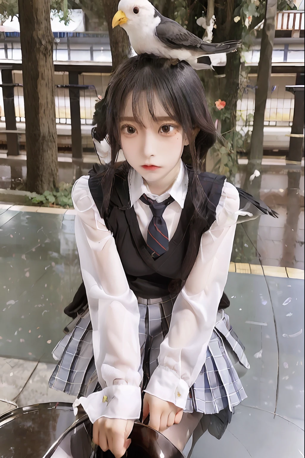 There is a girl sitting at a table with a bird on her shoulder, Seifuku, still from live action movie, girl wearing school uniform, japanese live action movie, Japan school uniform, wearing japanese school uniform, portrait of a japanese , japanese girl school uniform, live action movie scene, taken with canon 5d mk4
