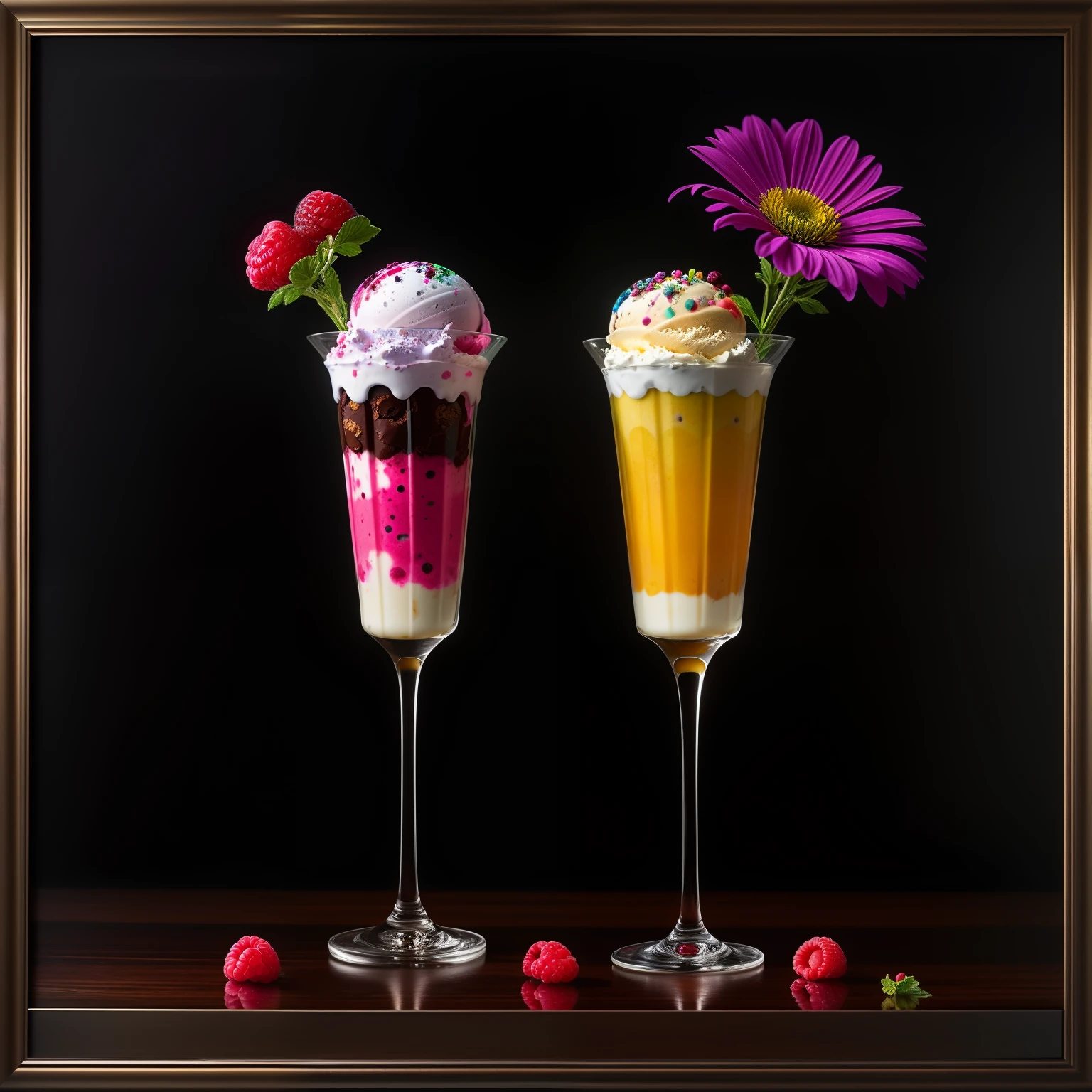 Colorful flowers on the table,
knickerbocker glory, tall and ultra-thin glasses, colorful ice cream, purple ice cream, raspberry, cooley, blueberry, chopped chocolate, powdered sugar, intricate, oil on canvas, masterpiece, expert, detail, 4K resolution, splash art, concept art, composition, framing, refined features,