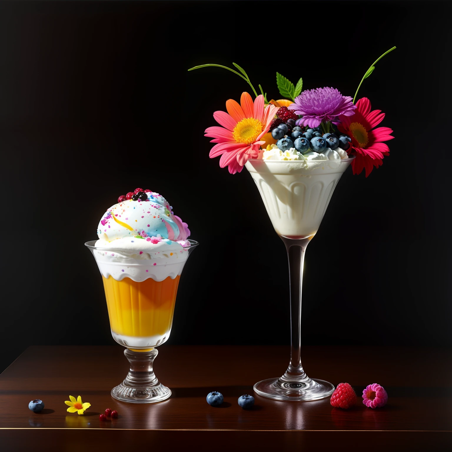 Colorful flowers on the table,
knickerbocker glory, tall and ultra-thin glasses, colorful ice cream, purple ice cream, raspberry, cooley, blueberry, chopped chocolate, powdered sugar, intricate, oil on canvas, masterpiece, expert, detail, 4K resolution, splash art, concept art, composition, framing, refined features,