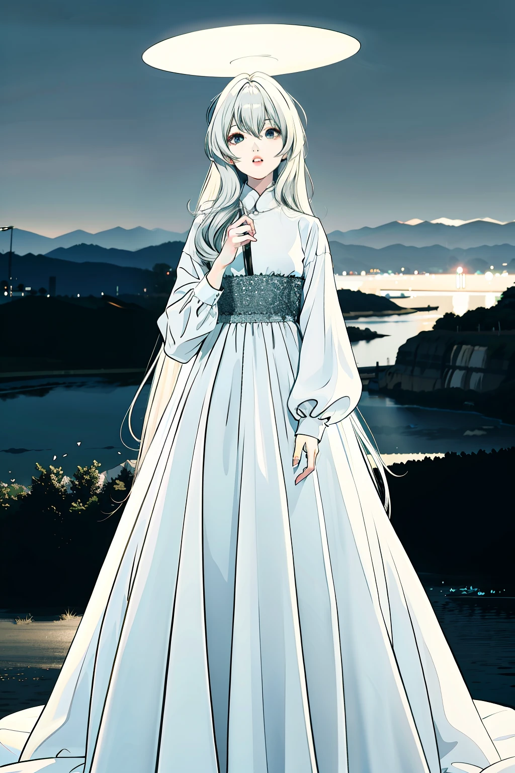 ((Best quality)),(Masterpiece),(best artist),(BEST lighting),(Best quality),(Best Singing Singer),(Best drawing),(Anime girl),(Optimal intensity),(Amazing) Landscape background), A girl (long  white hair，By bangs), Wearing a white silk dress，Lace long sleeves