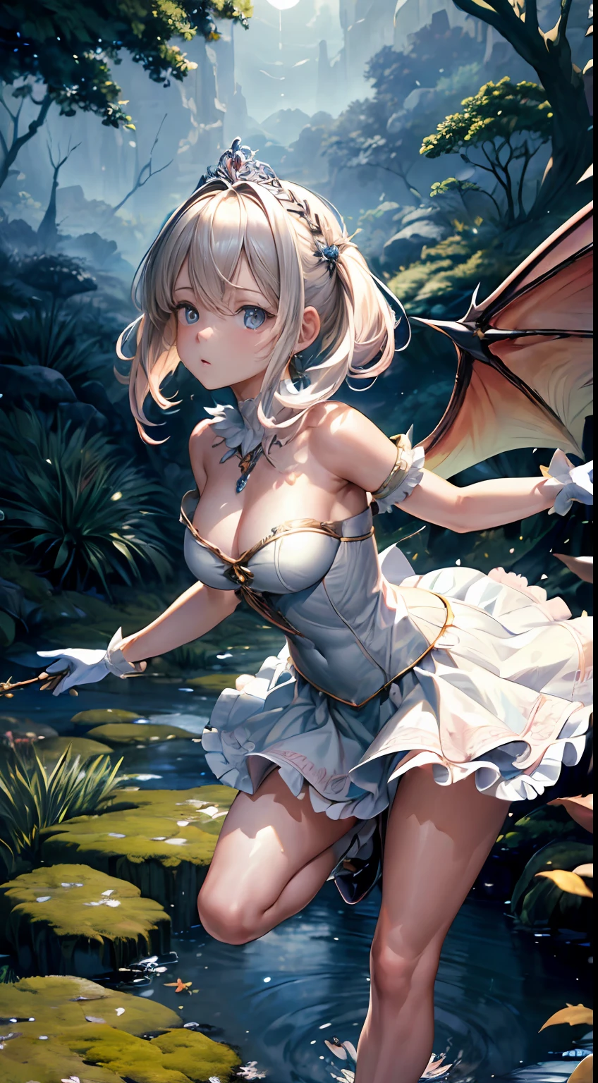 (masterpiece, best quality, highres:1.5), 1girl, solo, cute, kawaii, digital art, magic circle, platinum blonde hair, finely detailed eyes, embarrassed expression, sweat, frilly dress, pink color scheme, high heels, white gloves, heart-shaped necklace, tiara, wielding a wand, dragon, forest, fire breath, wings, scales, sharp claws, spiky tail, trees, moss, moonlight filtering through leaves, fallen leaves, bushes, rocks, river, bridge, night clouds, starry sky, windy, leaves rustling, (((perfect eyes, detailed eyes)))
