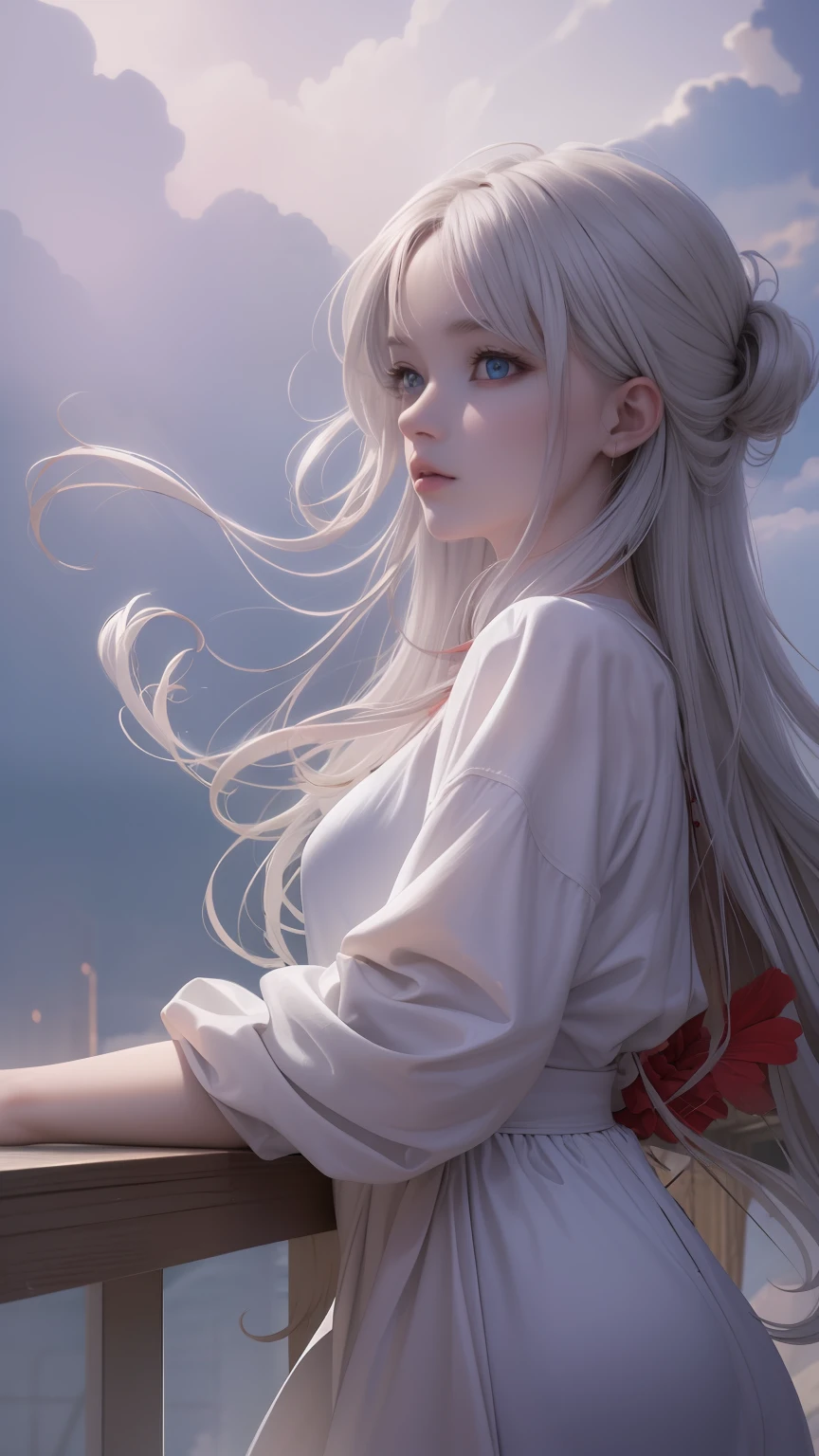 (very detailed CG unity 8k wallpaper, masterpiece, best quality), best illumination, insanely beautiful, floating, girl in white wuxia suits, blue eyes, multicolor hair (silver: 1.3 + red: 1.2 + purple + yellow: 1.3 + green: 1.3), beautiful face, too many drops of water, clouds, twilight, wide angle, watercolor.