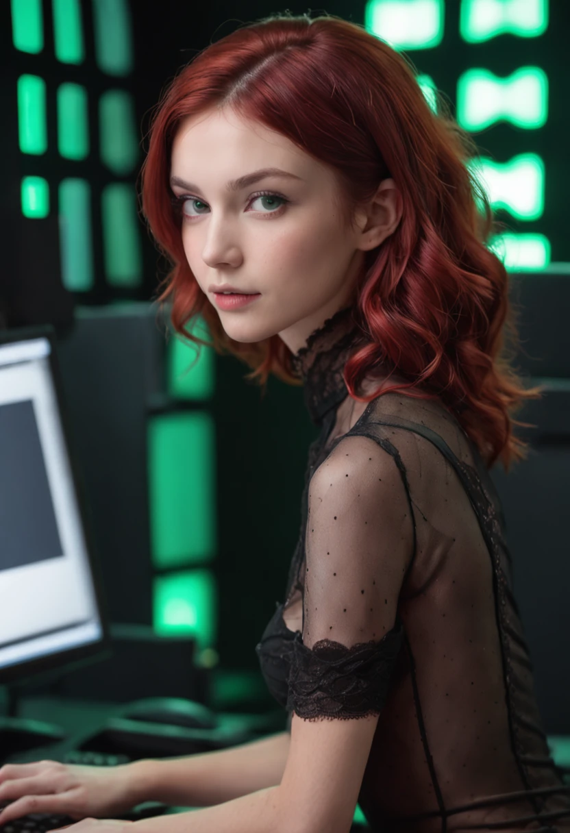 a girl ((naked))(( whit short wavy red hair)) ((standing)) ((in front a computer monitor typing at the keyboard)) ((( whit small breasts showing))) ((whit black collar around the nek)) ((with black panties and black fishnet stockings))(in a computer's room lit by many green lights)