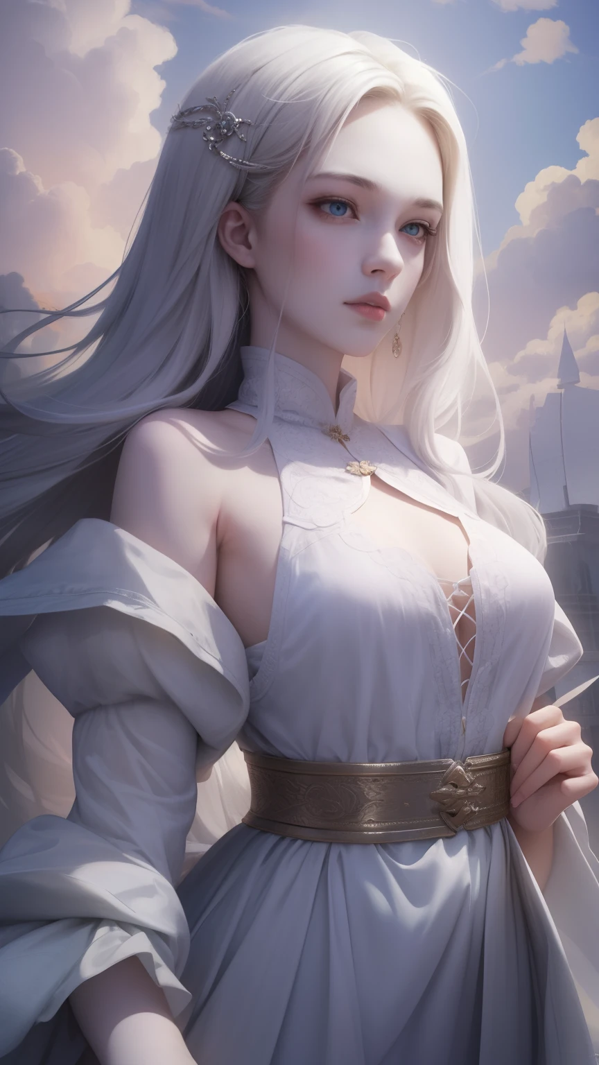 (very detailed CG unity 8k wallpaper, masterpiece, best quality), best illumination, insanely beautiful, floating, girl in white wuxia suits, blue eyes, multicolor hair (silver: 1.3 + red: 1.2 + purple + yellow: 1.3 + green: 1.3), beautiful face, too many drops of water, clouds, twilight, wide angle, watercolor.