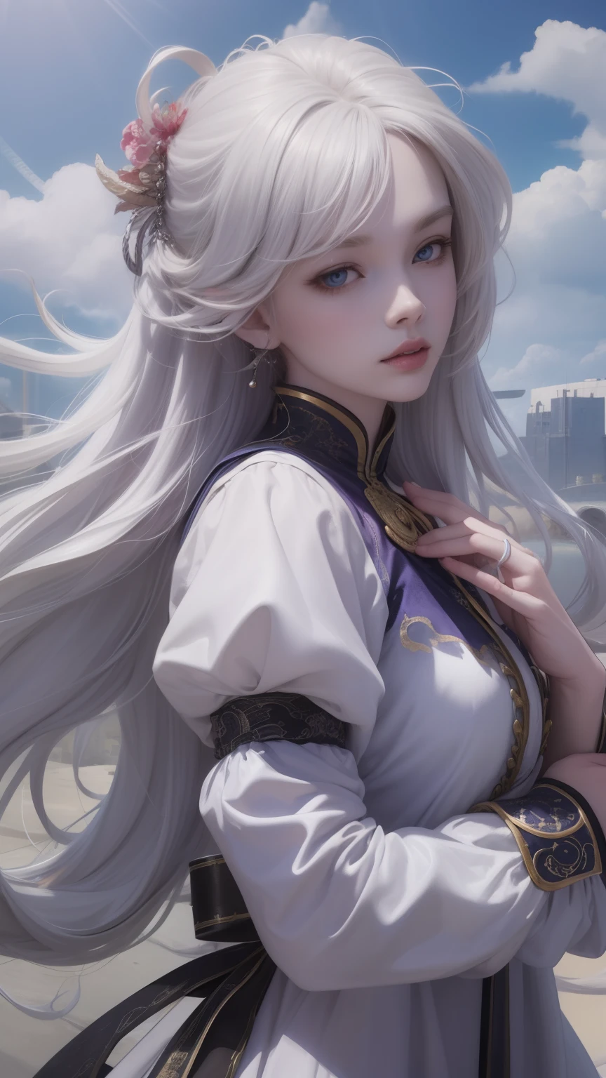 (very detailed CG unity 8k wallpaper, masterpiece, best quality), best illumination, insanely beautiful, floating, girl in white wuxia suits, blue eyes, multicolor hair (silver: 1.3 + red: 1.2 + purple + yellow: 1.3 + green: 1.3), beautiful face, too many drops of water, clouds, twilight, wide angle, watercolor.