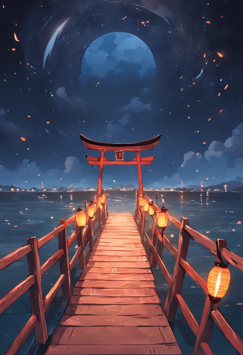 A wooden bridge across the sea,nigh sky,themoon,Chinese lanterns,China-style,aboard