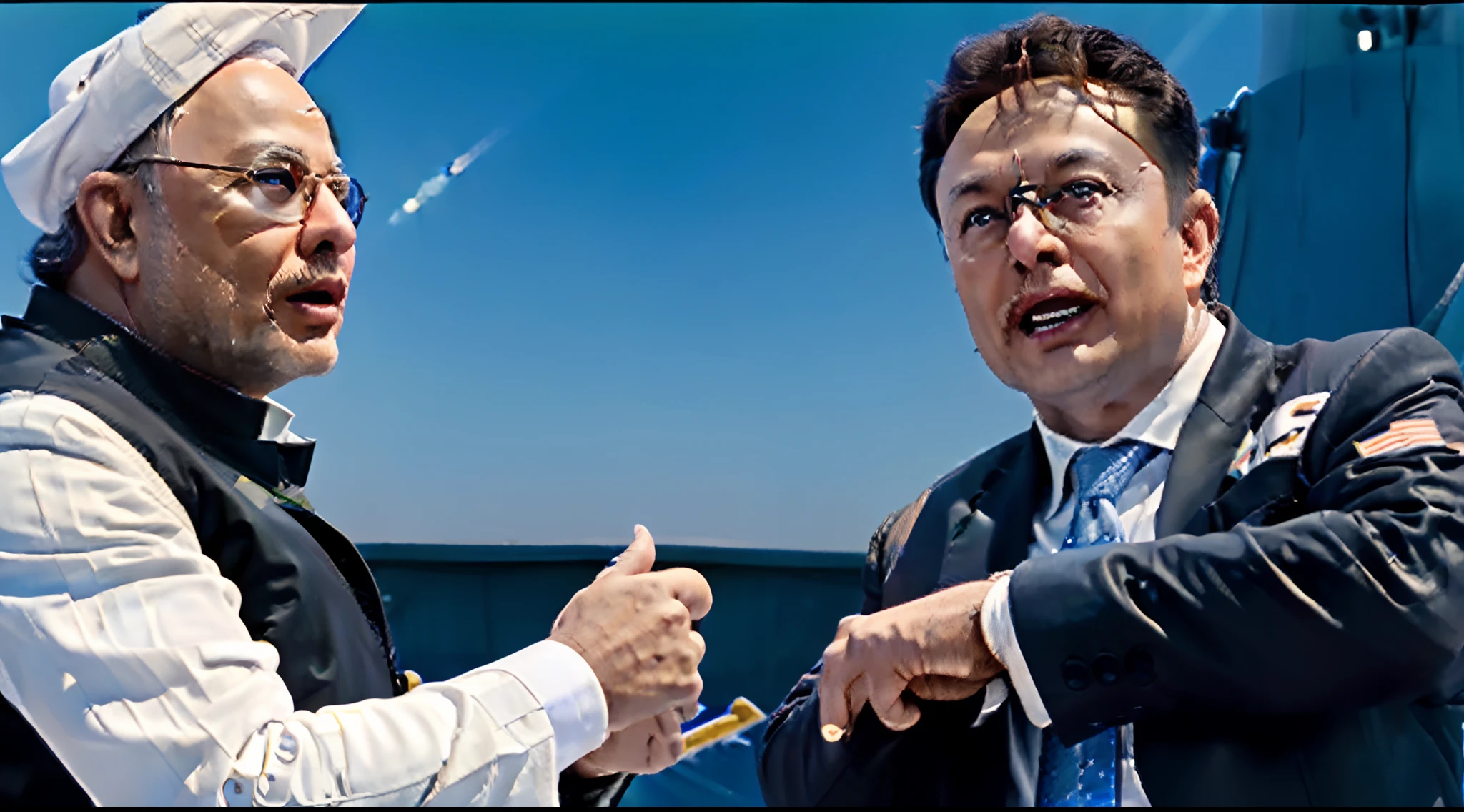 portrait of SPACE X CEO elon musk AND INDIAN PRIME MINISITER NARENDRA MODI at a gathering in the NASA , BLACK AND WHITE ,Cinematic, Photoshoot, Shot on 25mm lens, Depth of Field, Tilt Blur, Shutter Speed 1/1000, F/22, White Balance, 32k, Super-Resolution, Pro Photo RGB, Half rear Lighting, Backlight, Dramatic Lighting, Incandescent, Soft Lighting, Volumetric, Conte-jour, Global Illumination, Screen Space Global Tilumination, Scattering, shadows, Rough, Shimmering, Lumen Reflections, Screen Space Reflections, Diffraction Grading, Chromatic Aberration, GB Displacement, Scan Lines, Ambient Occlusion, Anti-aliasing, FKAA, TXAA, RTX, SSAO, OpenGL-Shaders, Post Processing, Post- Production, Cell Shading, Tone Mapping, CGI, VFX, SFX, insanely detailed and intricate, hyper maximalist, elegant, dynamic pose, photography, volumetric, ultra-detailed, intricate details, super detailed, ambient ~uplight -v4 --auto --s2