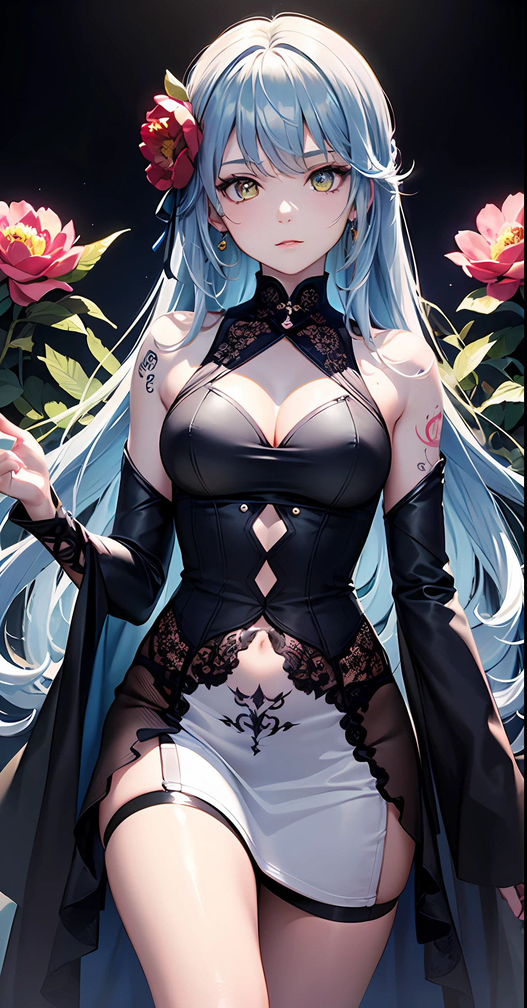 (Best quality, artist, Illustrator), (Optimal brightness), (BEST lighting), (extremely detailed 8k cg wallpape), (1 girl), Yellow eyes, Long blue hair, Blue-green eyes, Background of the techno-electronic place,Wavy detail hair，A tattoo of a peony flower blooming bright red,Delicately showing the texture and texture of the petals。