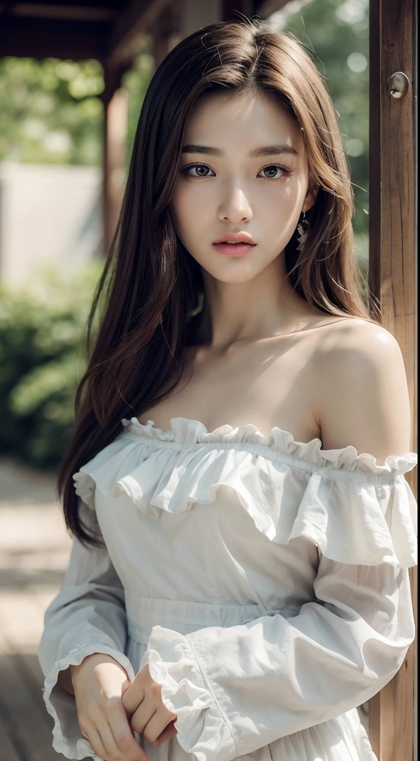 32k, best quality, masterpiece, realistic, ultra detail, photography, HDR, ROW photo, highres, absurdres, smoother light, official art, depth of field, brightening light,
close-up, slender, finely detailed face, angry, beautiful details eyes, 19years old korean, pretty, best quality real texture skin, off shoulder frilly dress