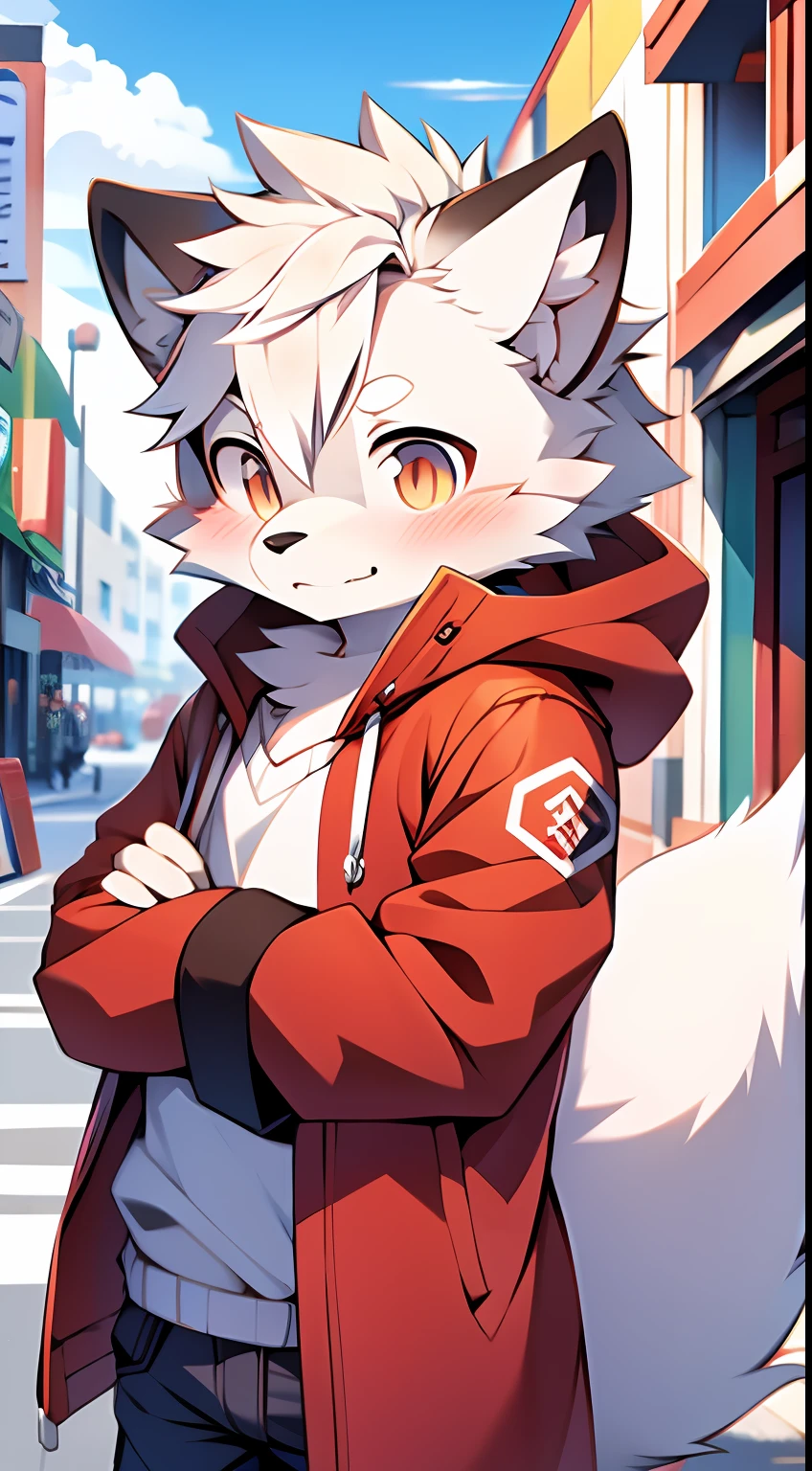 shaggy，grey fur，male people，canid，arctic fox，solo person，sharp talons，Detailed fur，Golden eyes，Thick eyebrows，Fluffy tail，Red raincoat，white jean，Red umbrella，ultra - detailed：1.0，On the street，Underwear rain，detailedbackground，Libido boy，toddlers，（Via Dagasi：1.1），anatomy correct