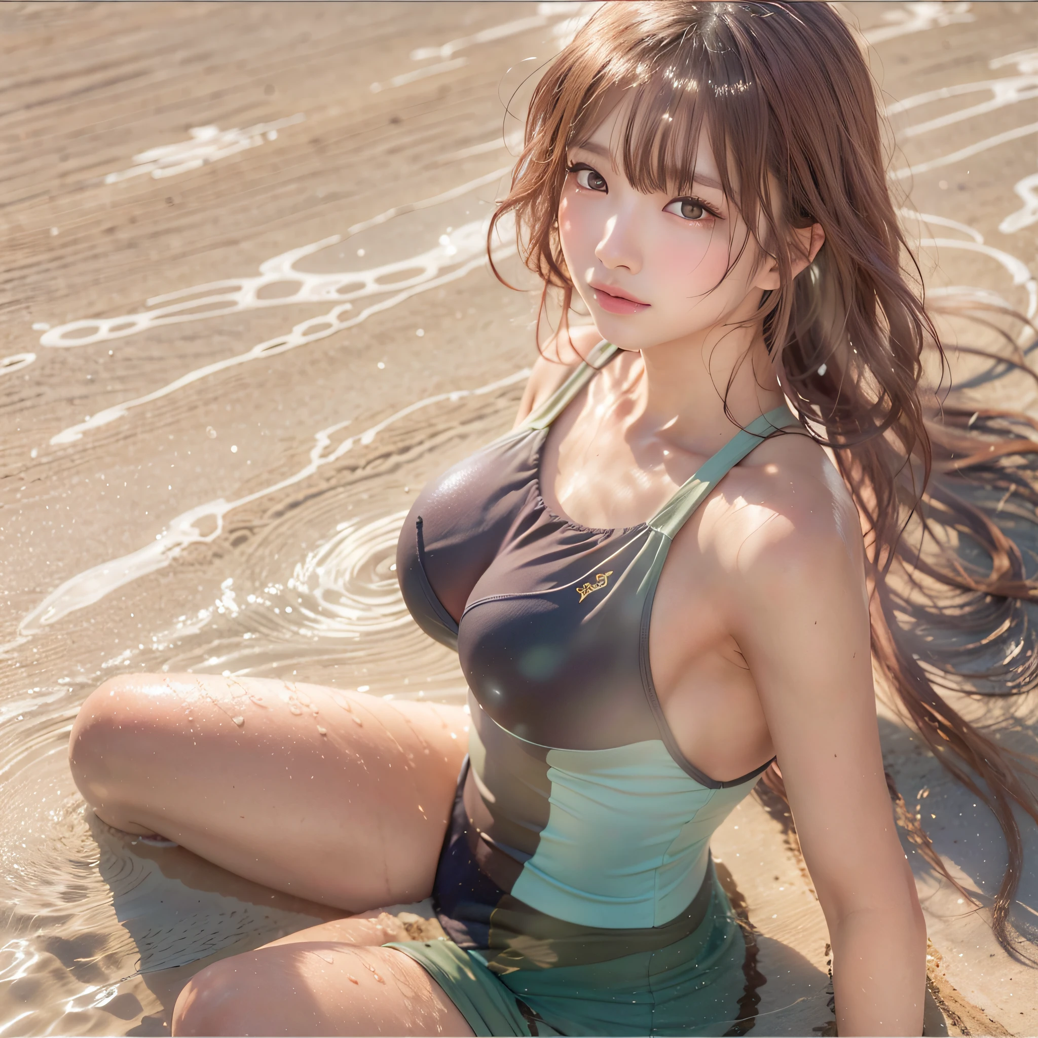 (MASTERPIECE:1.2),(REALISTIC:1.5),(POST PROCESSING:1.3),(SHARP FOCUS:1.3), 1girl, ((UPPER BODY)), (Swimming suit), (shiny skin), small breasts:1.2, (high shadows detail) , Empty sandy beach, Sitting on the sandy beach