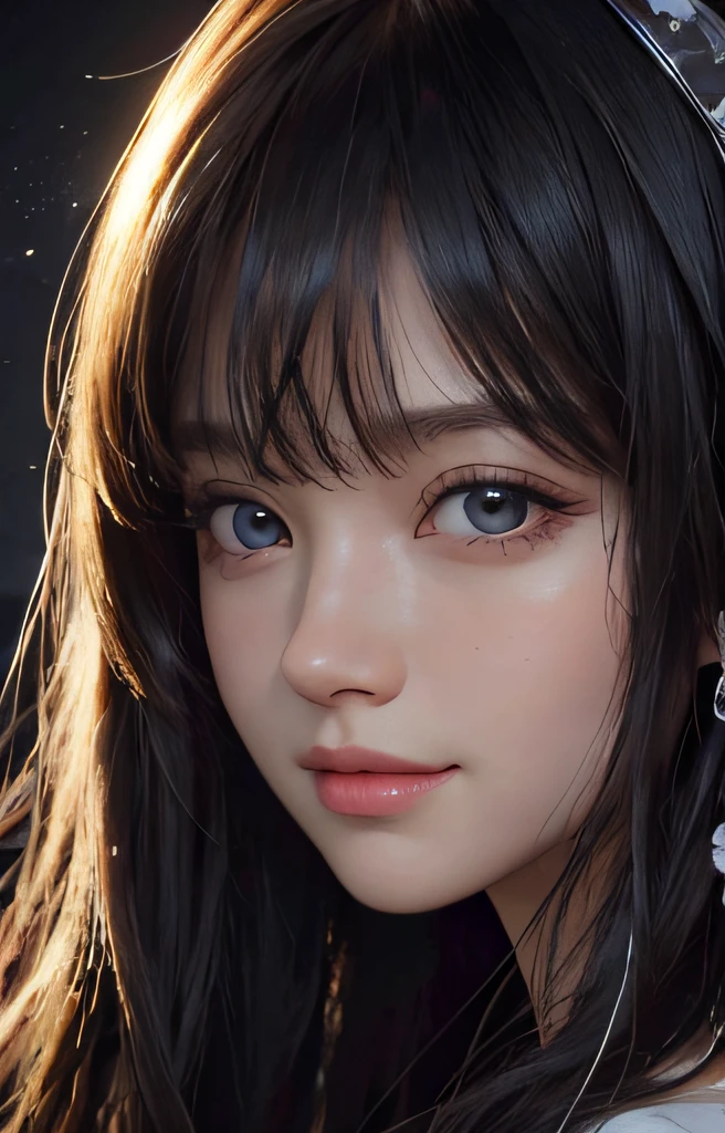 (Ultra Realistic), (Illustration), (Increased Resolution), (8K), (Extremely Detailed), (Best Illustration), (Beautiful and Detailed Eyes), (Best Quality), (Ultra Detailed), (Masterpiece ), ( wallpaper), (detailed face), solo, 1 girl, looking at viewer, fine details, detailed face, in the dark, deep shadows, low key, pureerosfaceace_v1, smiling, long hair, black shawl straight hair , 46 points oblique bangs