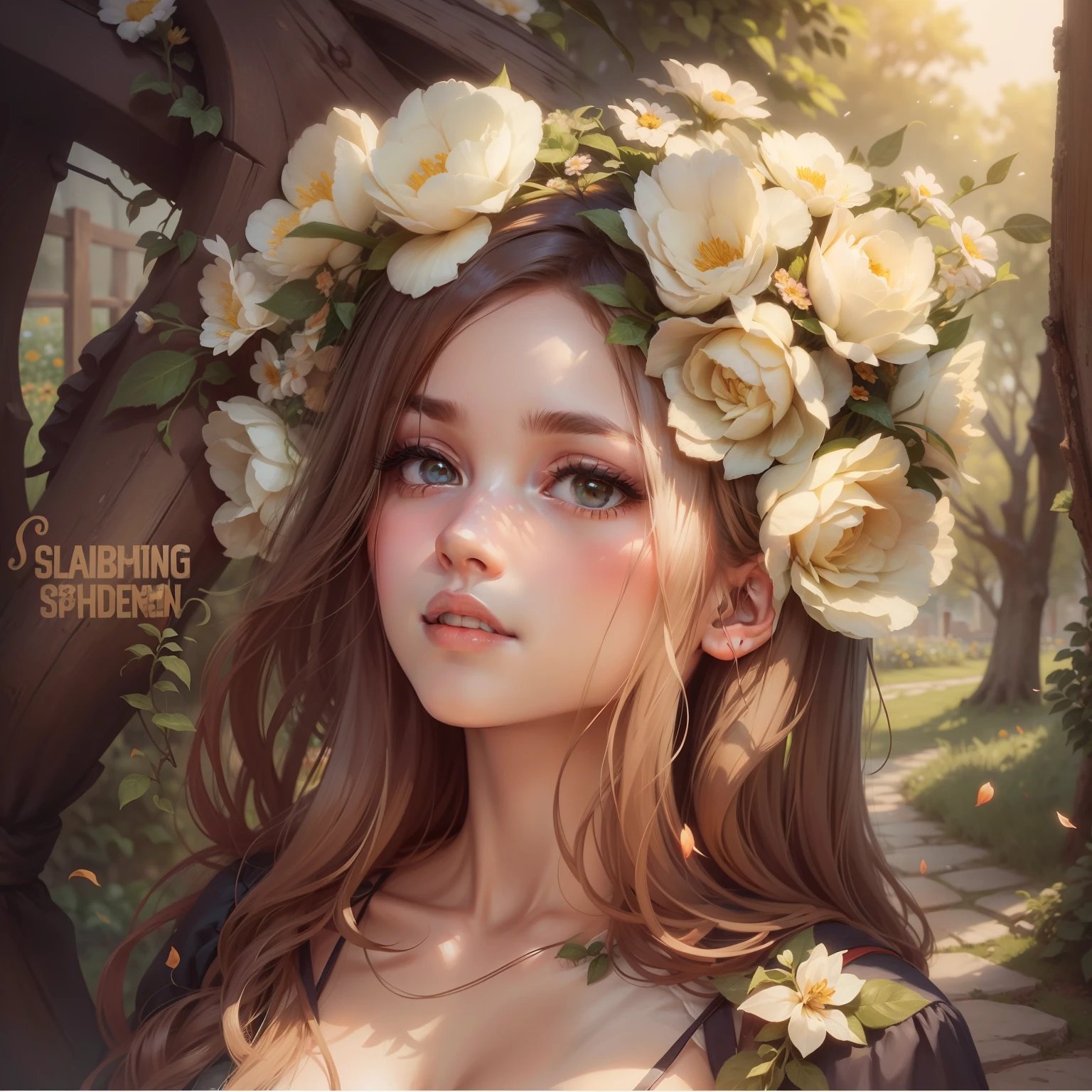 Beautiful girl in the garden with a flower wreath
