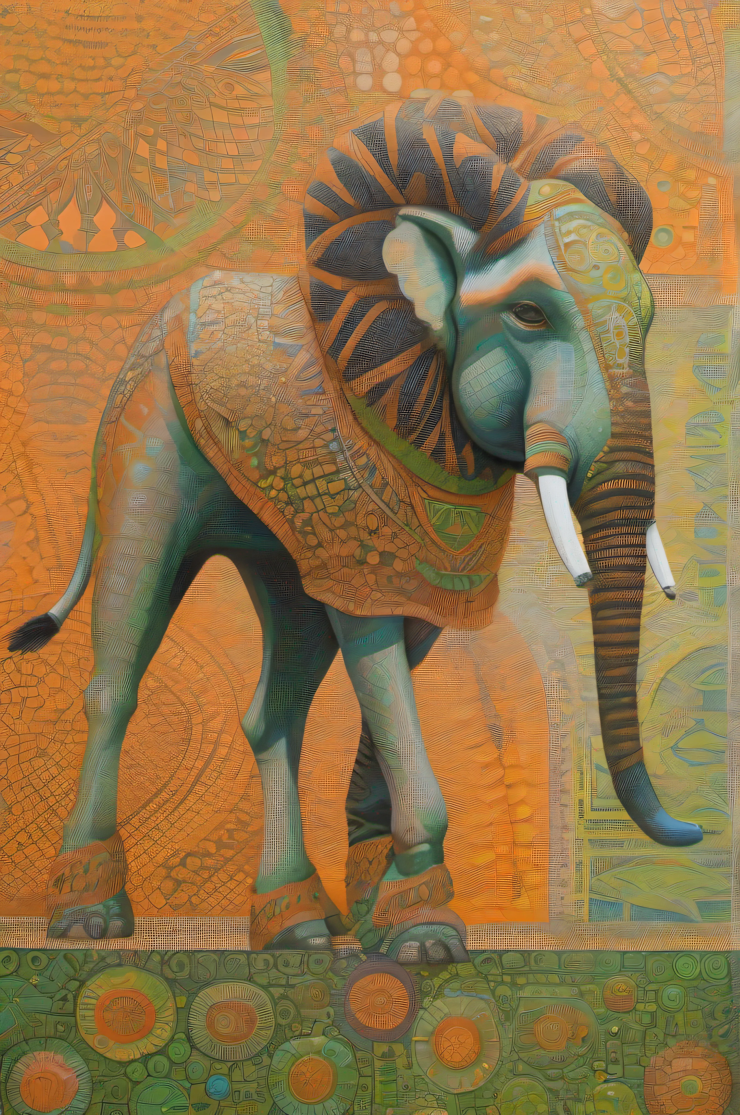 African painting depicting an ancient African animal, light orange and light green, pointillist dotting technique, ferris plock, sculptural costumes, symbolist watercolors, realist detail, chuah thean teng