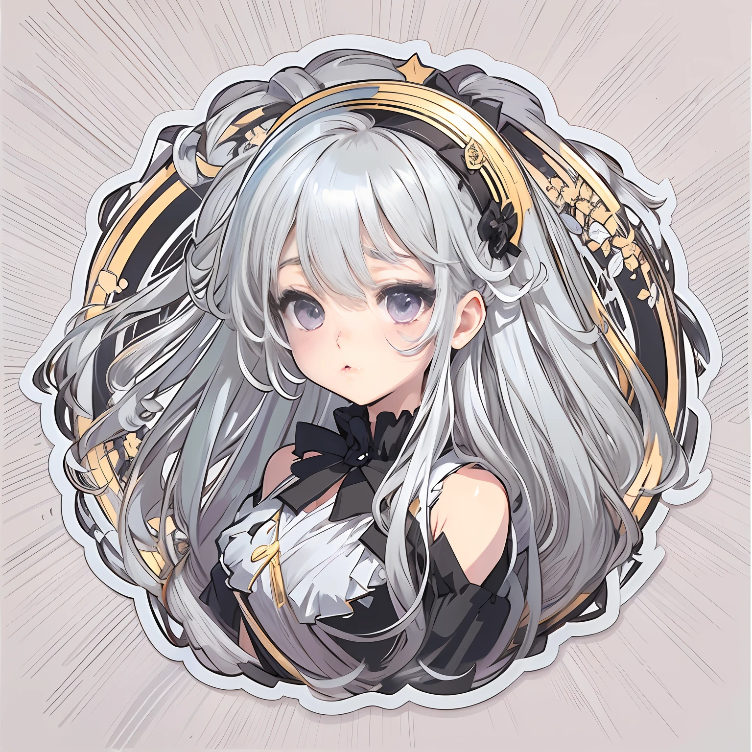 Sticker, Cute anime girl head, long layered silvery white hair,Light purple eyes,Black dress,Pout,cute clothing,in circle, White background, Gold border,Simple, Ultra detailed, Detailed drawing, vectorised, Silhouette, 8K, professional sticker design, Flat design, Vector lines, Sticker, Drawing, Drawing, Full-HD