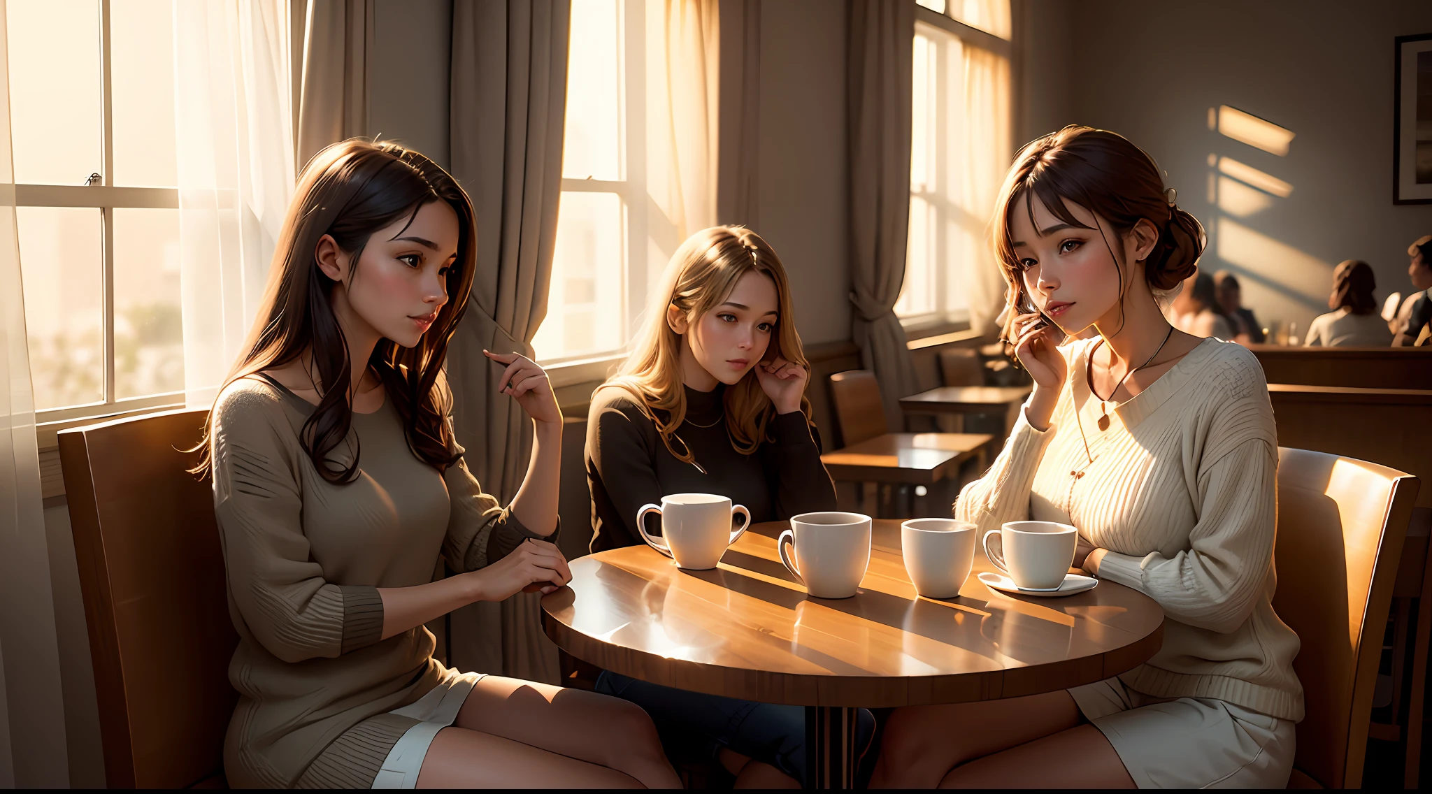 A group of friends gather in a cozy coffee shop. They are in an environment illuminated by natural light filtered through the curtains. Eles conversam de forma falsa olhando com nojo um para o outro, Each person has a unique style, reflected in your clothes and accessories.
The decoration of the cafeteria is cozy, with cups of coffee. The soft lighting creates a pleasant and inviting atmosphere. The image is ultra-realistic and features high definition.