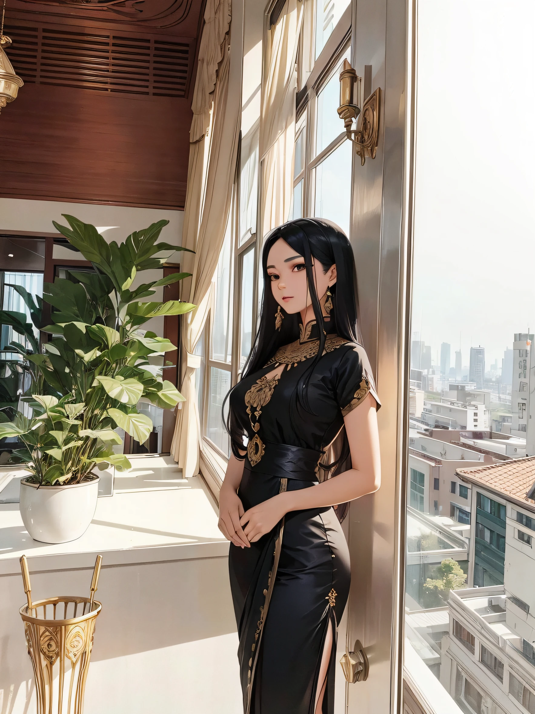 burmese woman in black burmese attire, 20s, long hair, pretty, elegant, by the window, highrise