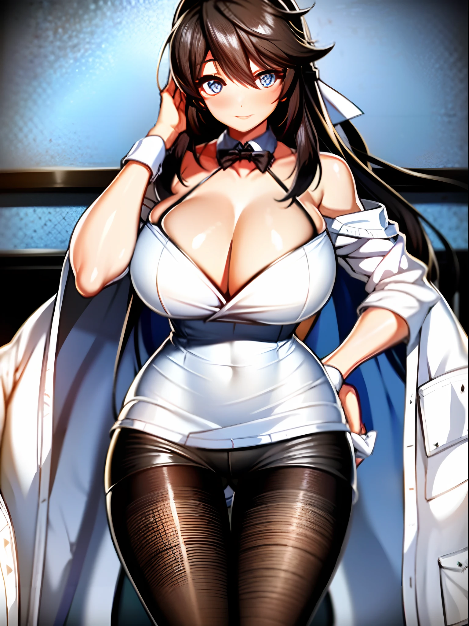 A woman in a white shirt and black stockings sits in a chair, seductive anime girls, With a lab coat, attractive anime girls, anime best girl, Surrealism female students, wearing lab coat and a blouse, marisa kirisame, Smooth anime CG art, eechi, Beautiful anime girl, Surrealism female students, Anime girls, nurse girl，Lace tights，M-legs，