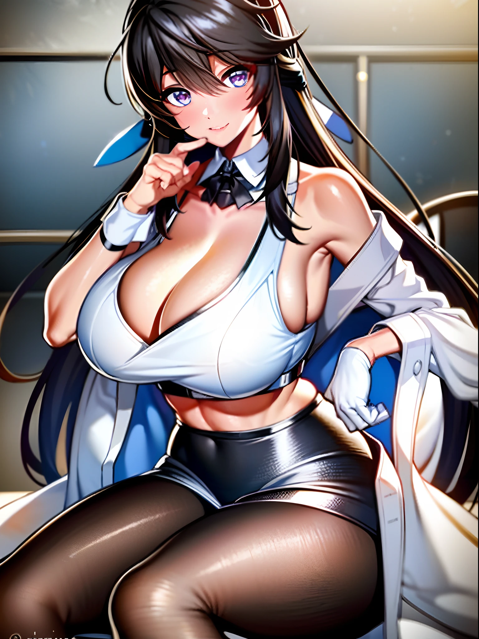 A woman in a white shirt and black stockings sits in a chair, seductive anime girls, With a lab coat, attractive anime girls, anime best girl, Surrealism female students, wearing lab coat and a blouse, marisa kirisame, Smooth anime CG art, eechi, Beautiful anime girl, Surrealism female students, Anime girls, nurse girl，Lace tights，M-legs，