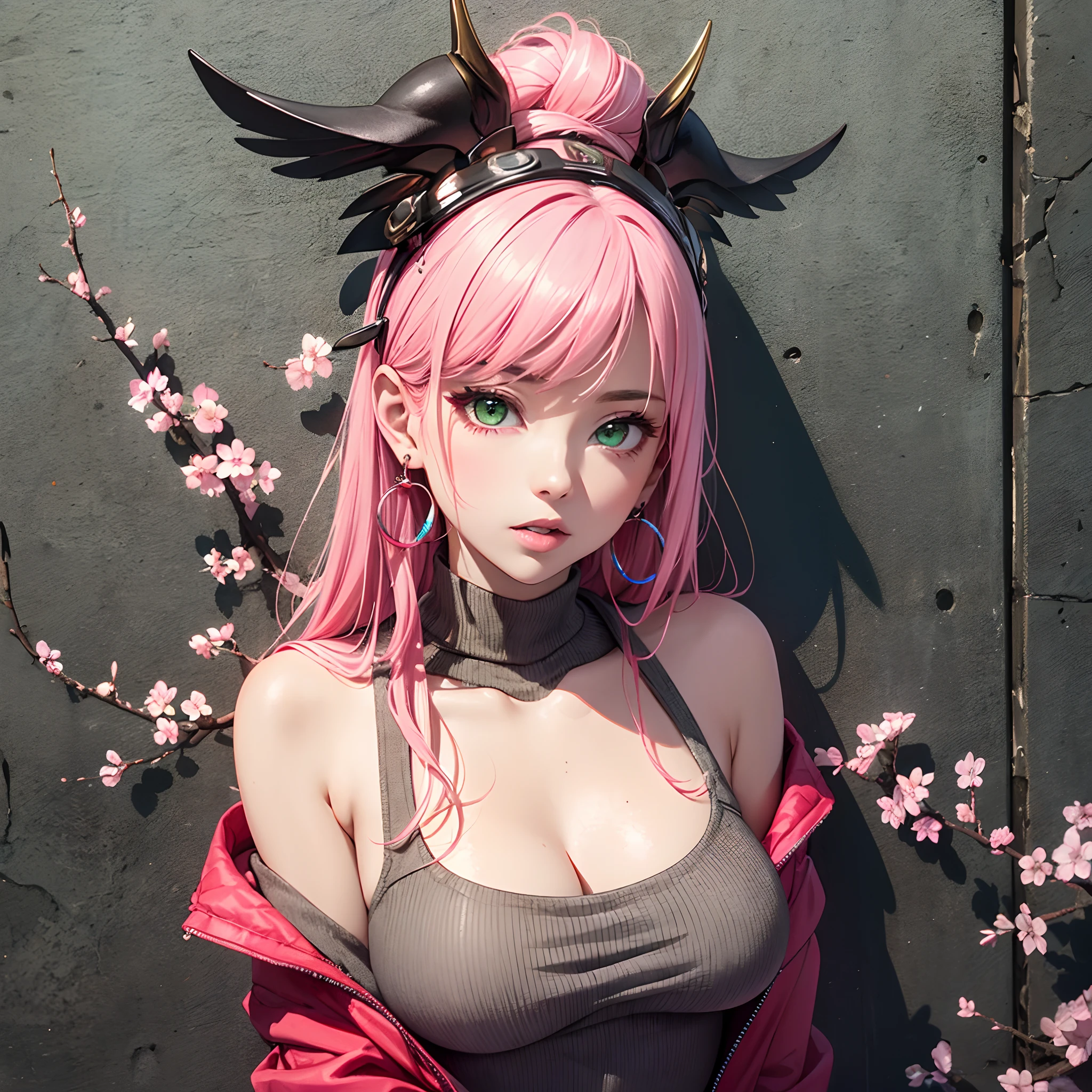(Masterpiece, Excellent, 1girl, solo, complex details, color difference), realism, ((medium breath)), off-the-shoulders, big breasts, sexy, Yae Miko, long pink hair, red headdress, red highlight, hair above one eye, green eyes, earrings, sharp eyes, perfectly symmetrical figure, choker, neon shirt, open jacket, turtleneck sweater, against the wall, brick wall, graffiti, dim lighting, alley, looking at the audience, ((mean, seductive, charming)), ((cherry blossom background ))),((Japanese temple background)))), (((Glow-in-the-dark background))) --auto --s2