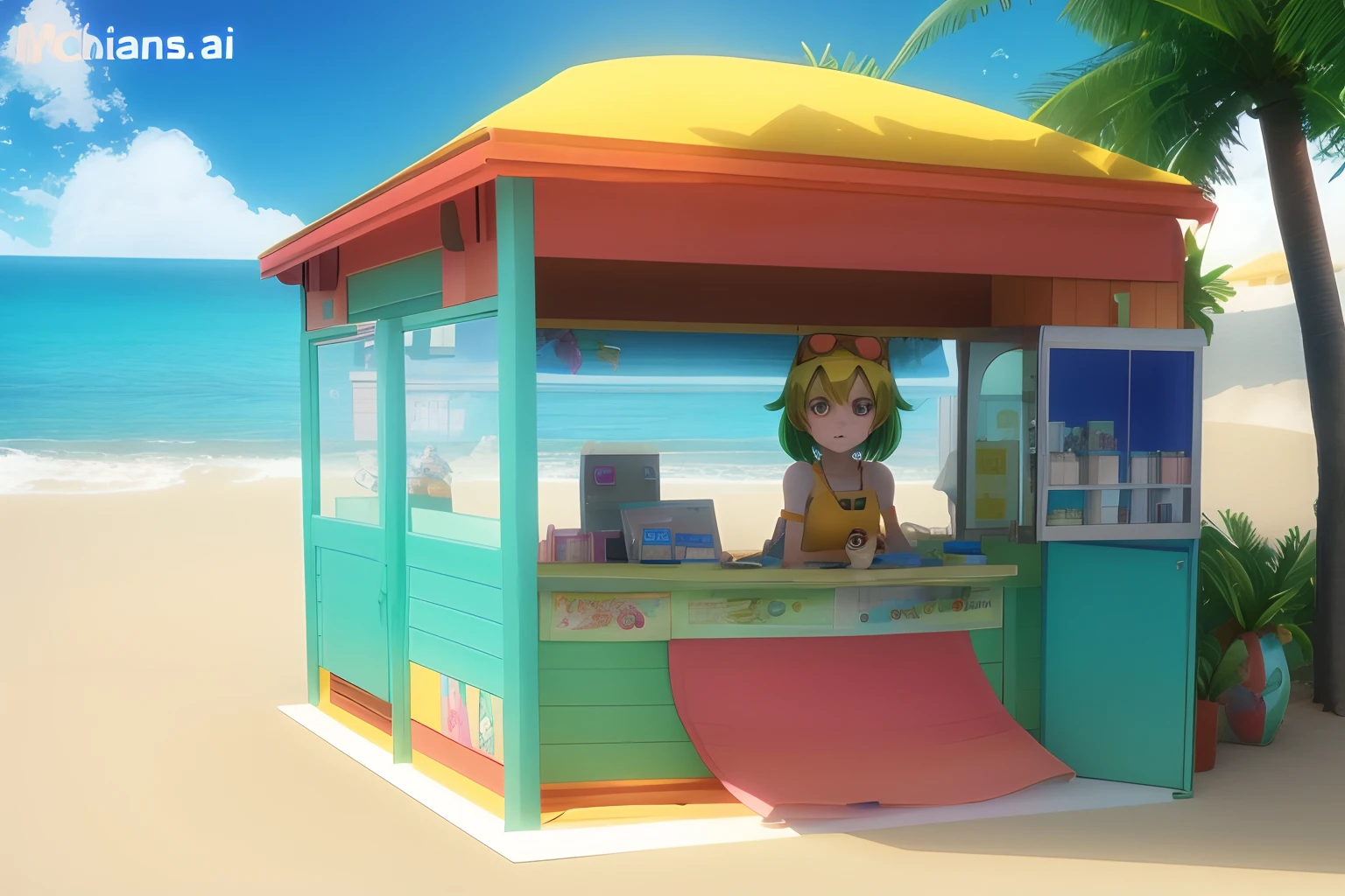 anime character in a colorful kiosk on a beach with palm trees, loli, render of a cute 3d anime girl, anime styled 3d, cushart, stylized anime, beach bar, rin, made with anime painter studio, octane render. by makoto shinkai, kawaii hq render, ( ( makoto shinkai ) ), anime scenery concept art