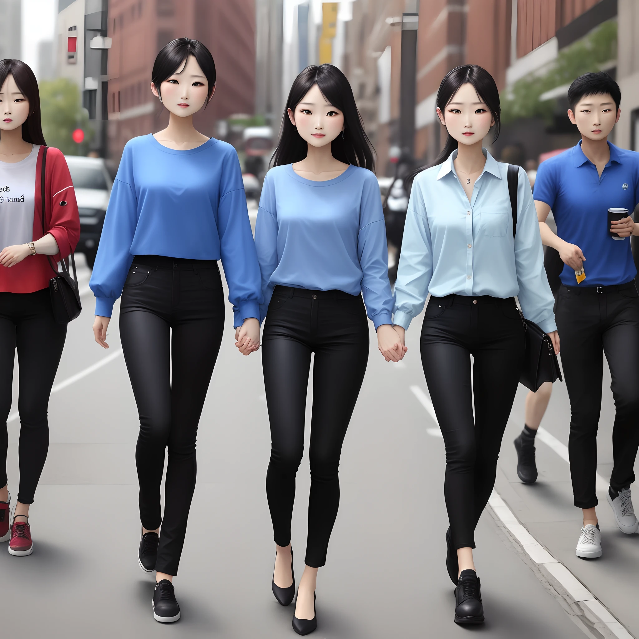 Wear blue clothes tightly,Skinny black pants