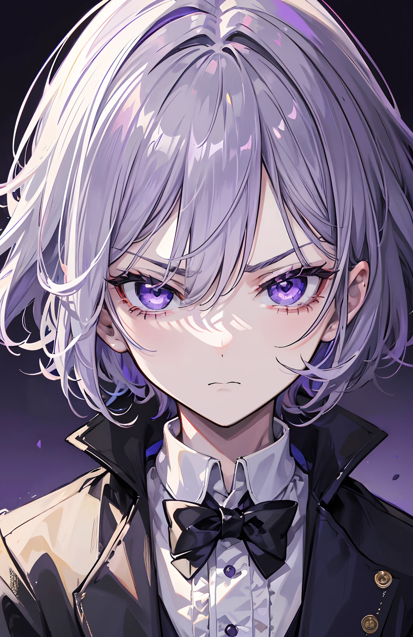 1 ，Gray hair，Purple eye，angry look，The identity is the young master of an aristocratic family，teardrop，The background is a dark room，weeping，Close-up portrait of the face