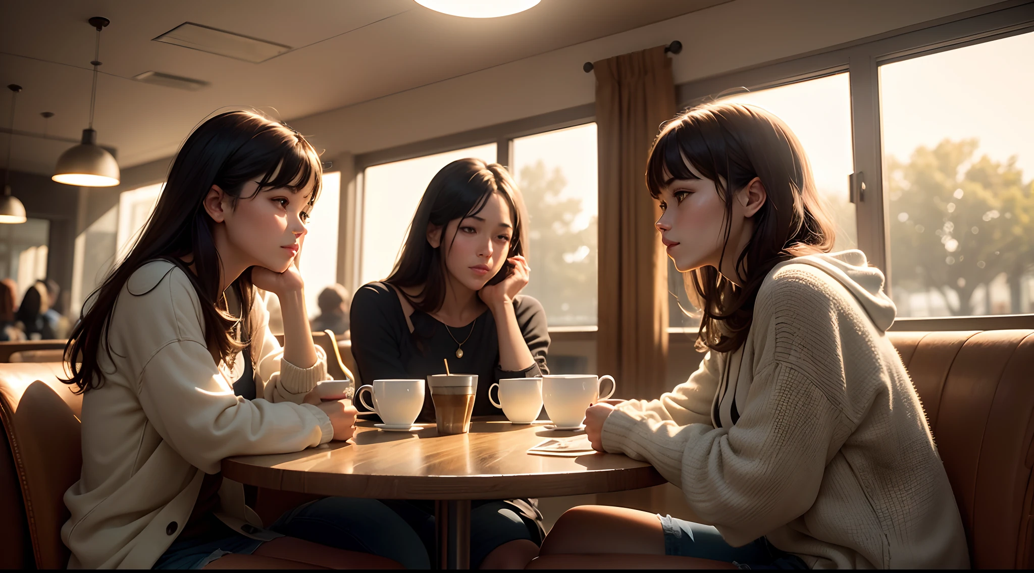 A group of friends gather in a cozy coffee shop. They are in an environment illuminated by natural light filtered through the curtains. Eles conversam de forma falsa olhando com nojo um para o outro, Each person has a unique style, reflected in your clothes and accessories. 

The decoration of the cafeteria is cozy, with cups of coffee. The soft lighting creates a pleasant and inviting atmosphere.  The image is ultra-realistic and features high definition.