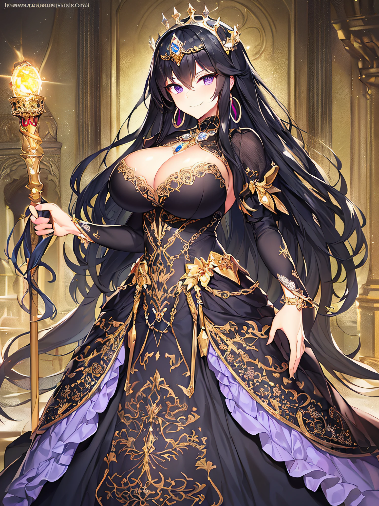 ((anime artstyle)),(Masterpiece),(Best Quality), (Super Detail),((Very Delicate and Beautiful)),(((Solo))),((full body portrait)),((1 arrogant queen in beautiful embroidery black gorgeous rococo princess ballgown with Fluffy full length hoop skirt)),gold trim,((crinoline)),gorgeousfull embroidery,Long train((arrogant,haughty)),(((arrogant smile))),Sharp eyes,(standing in the royal palace,holding a luxurious scepter),sunlight,((gorgeous gemstone jewelry)),detailed face and eyes,jewel-like eyes,Purple eyes,(Bangs between eyes),((large amount of straight hair,extremely Long voluminous black Hair)),((gigantic tits,Long tits)),gorgeousfull embroidery,cleavage,extremely gorgeousfull hair ornament,(bling-bling extremely gorgeousfull jeweled tiara),gorgeous corsage,(Dynamic Angle),Looking at viewer,(full body)),((beautiful  embroidery black gorgeous rococo princess ballgown with Fluffy full length Fluffy hoop skirt))