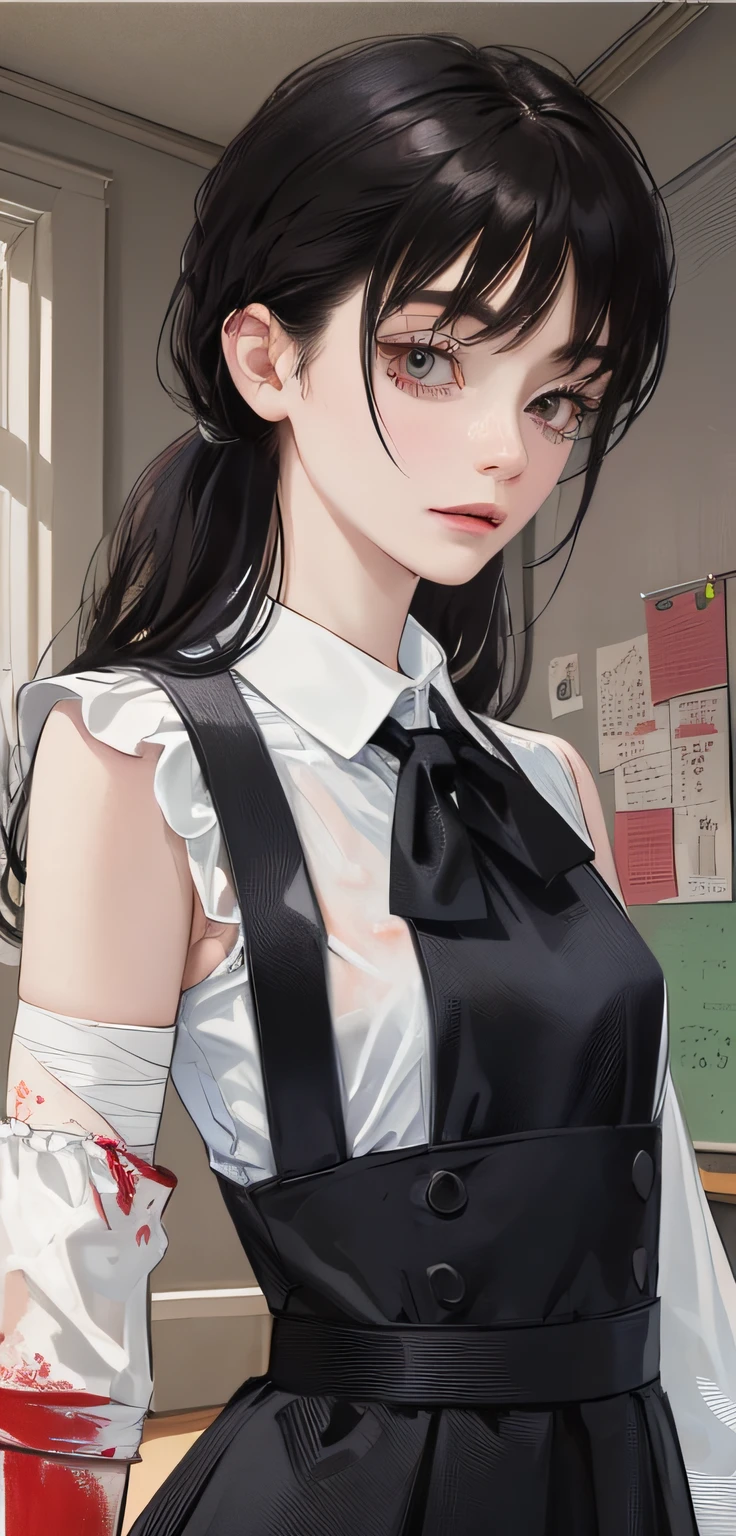 ((masterpiece, best quality)), (1girl), (solo), (female focus), Asa Mitaka \(chainsaw man\),(very detailed face, real image, realistic skin, realistic body, intricate details), upper body, dark eyes, bandages over the body, black hair, far sleeve shirt, pinaforee dress, black tie, bandages, blood, bandages, bandages, blood, blood, small breasts, classroom, students, Blur background