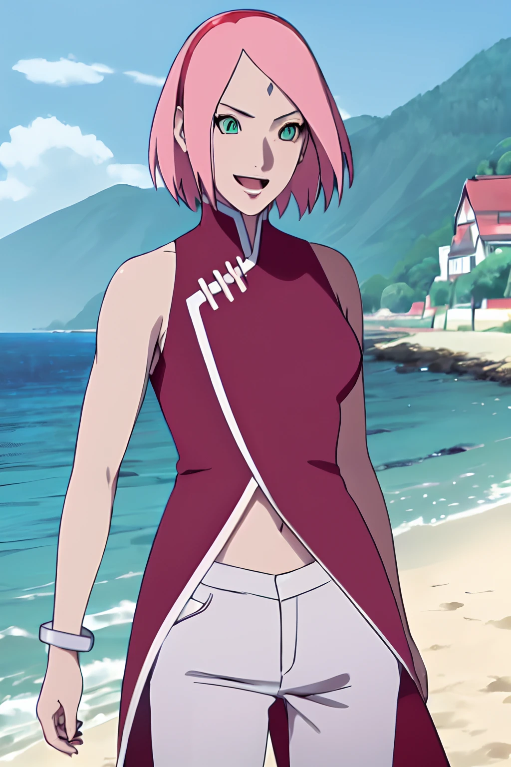 (masterpiece, 1k, anime style, hand drawing, vector coloring, portrait, face shot, professional artwork, detailed beach background, intricate details, colorful, bold drawing lines), (ultra detailed body, ultra detail hair, ultra detail face, attractive, seductive, open mouth, crossed arms), trending on pixiv, kind smile, very hot color, best quality, 1girl, hires, haruno sakura, contrasty lighting, (forehead mark, milf, red hairband, pale skin, short hair, ((red sleeveless dress), white pants), navel, groin, bracelet, looking at viewer, pink hair, green eyes, perfect eyes, white sciera, anime eyes, smoky eyeliner, eyeshadow, perfect face, smile, beach, wind, floating hair, detailed arms, off-shoulders, muscular arms, standing), sunnyday