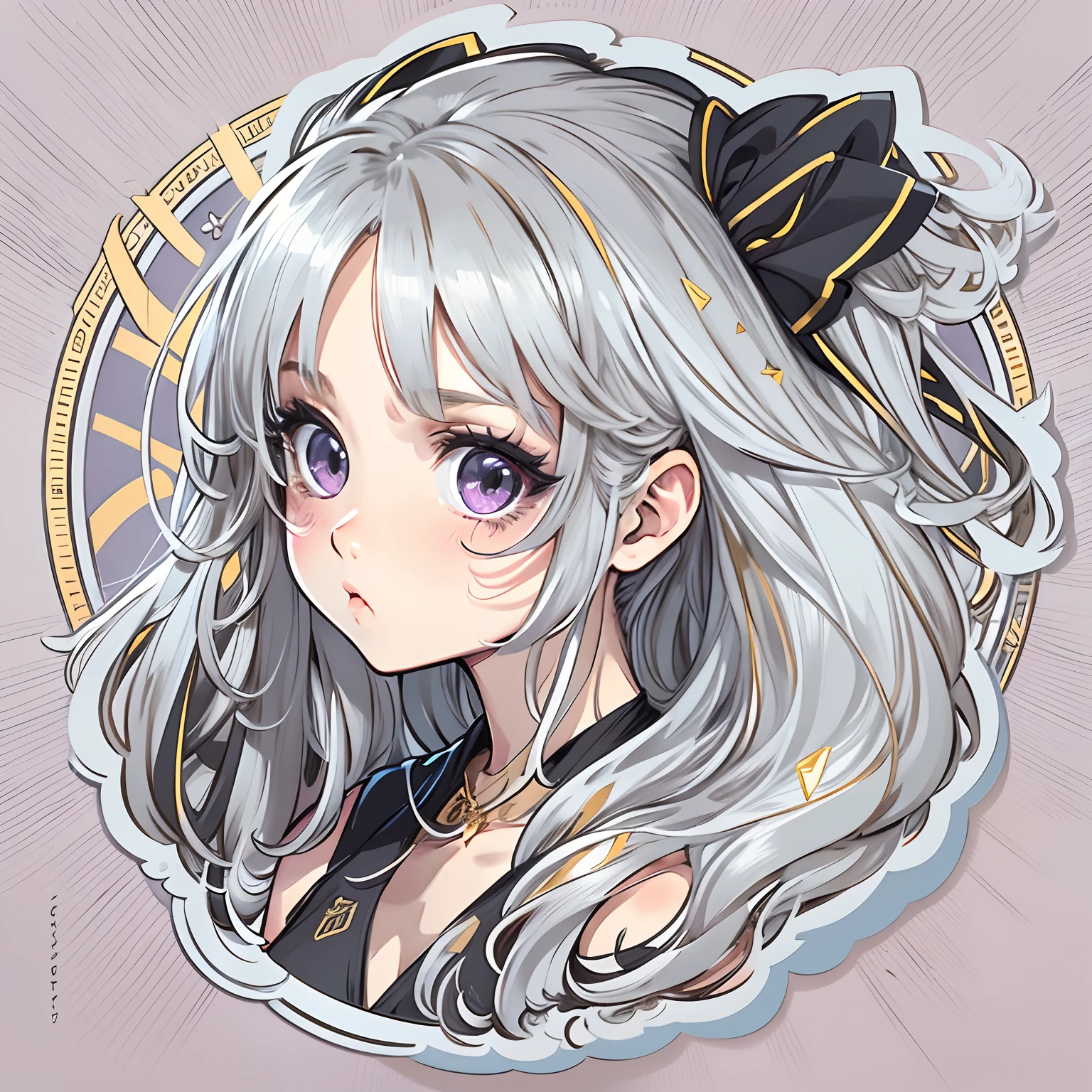 Sticker, Cute anime girl head, long layered silvery white hair,Light purple eyes,Black dress,Pout,cute clothing,in circle, White background, Gold border,Simple, Ultra detailed, Detailed drawing, vectorised, Silhouette, 8K, professional sticker design, Flat design, Vector lines, Sticker, Drawing, Drawing, Full-HD