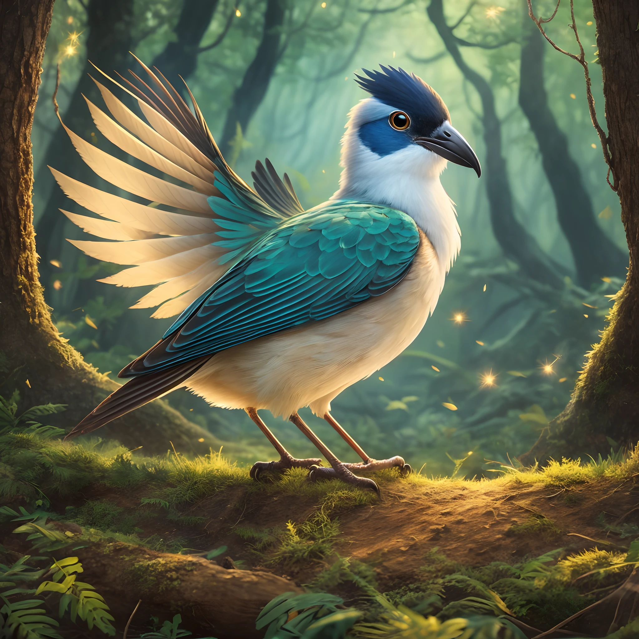 magical mystery bird in magical forest, unknown unseen before, pointed ears, feathers soft and downy seem to shimmer and glow slightly as they are imbued with magical energy, ranging in color from deep brown to pale gold perfect symmetry, rim lighting, Pixar studio, HD -- ar 3:3 --auto --s2