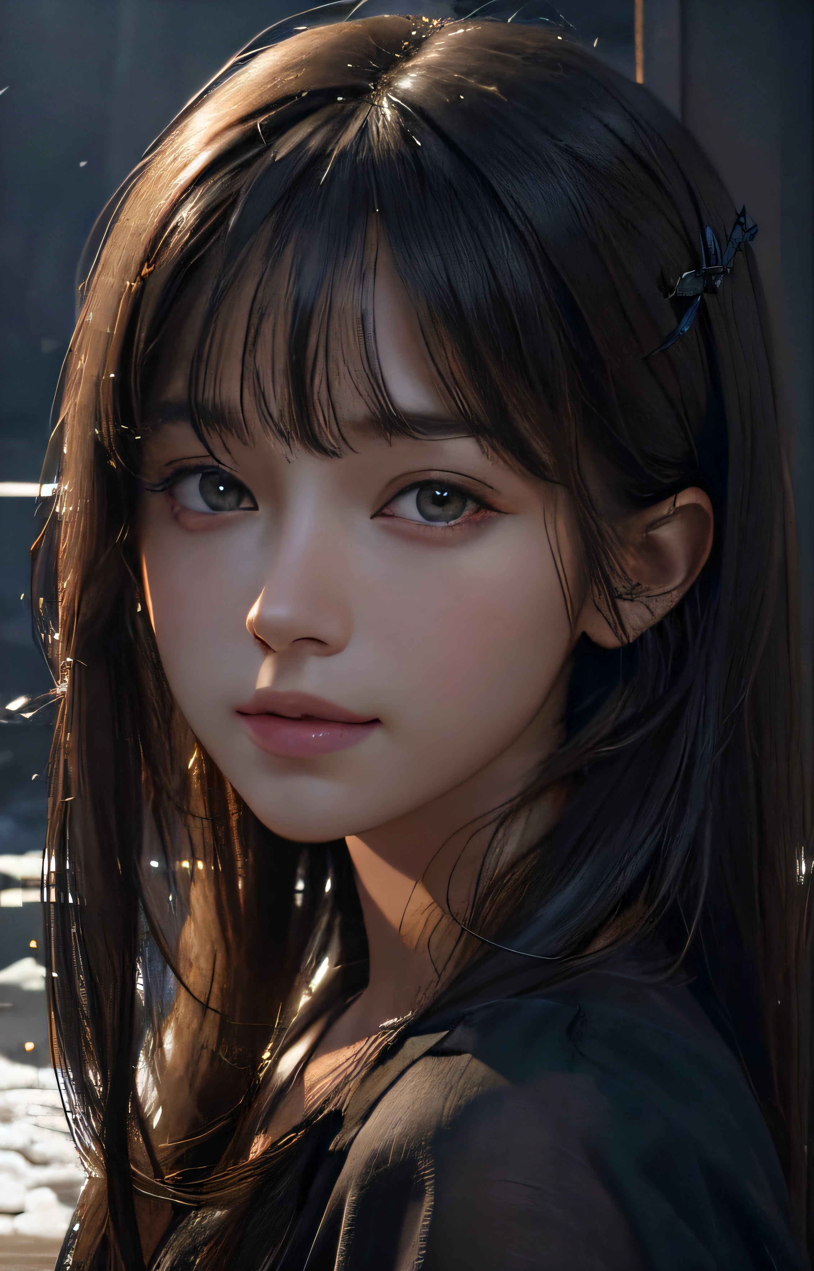 (Ultra Realistic), (Illustration), (Increased Resolution), (8K), (Extremely Detailed), (Best Illustration), (Beautiful and Detailed Eyes), (Best Quality), (Ultra Detailed), (Masterpiece ), ( wallpaper), (detailed face), solo, 1 girl, looking at viewer, fine details, detailed face, in the dark, deep shadows, low key, pureerosfaceace_v1, smiling, long hair, black shawl straight hair , 46 points oblique bangs