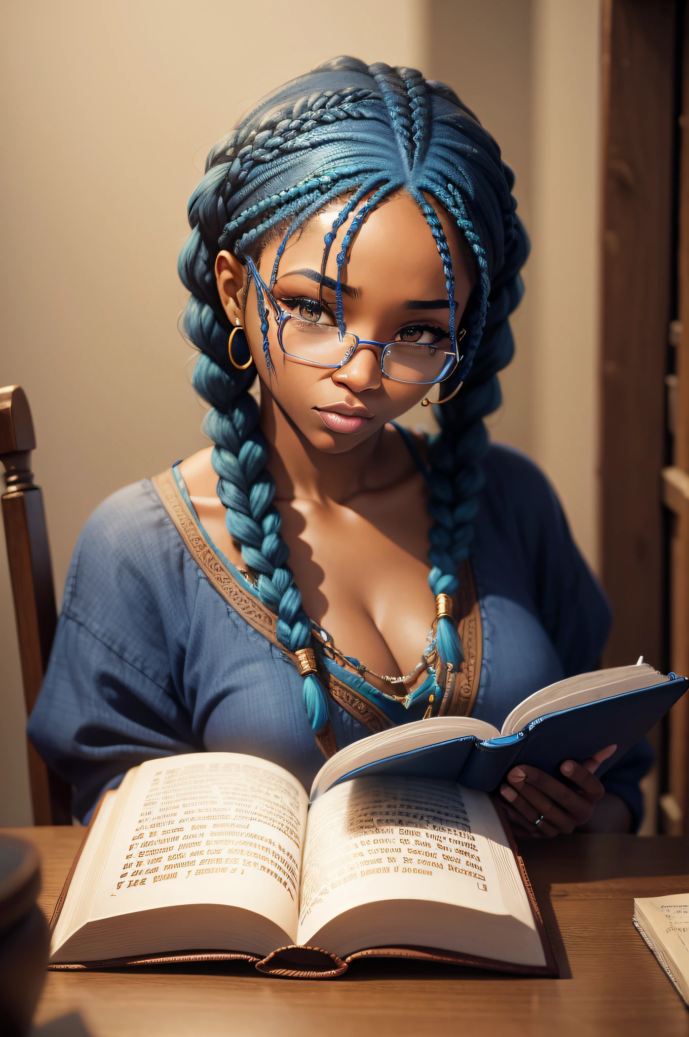(African American woman:1.3) with (blue braids:1.2) reading (The Bible:1.2).