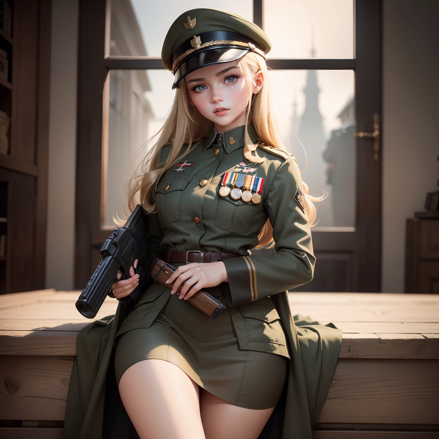 1940 style、(1girll)、(tmasterpiece、top Quority、best qualtiy、Beauty and aesthetics、1.2)、German military uniform、vibrant with colors、camouflage uniform、Armed with a firearm