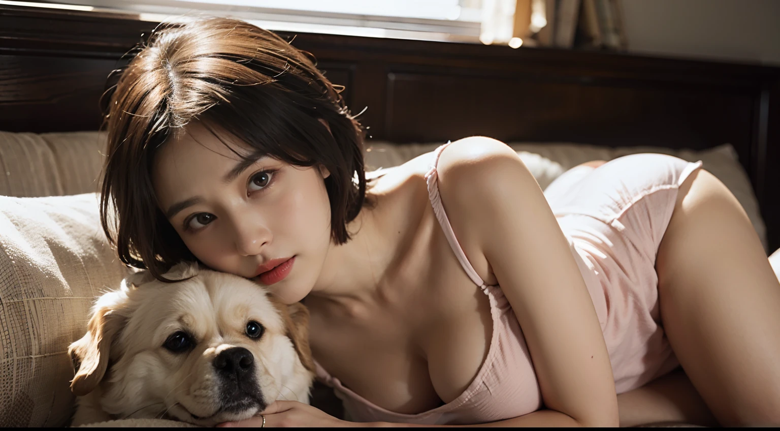 A beautiful 35 year old woman lying on a sofa holding a dog,with a round face,pyjamas,slightly fat big breasts,eyes with brightness,realisticlying,dynamic lights,Short curly hair,Brush cut,cleavage,nabel,full shoot,closeup cleavage,(非常详细的 CG 统一 8k 壁纸),high detal,canon 6d,dramatic,eye bags,long eyelasher,Photoreality