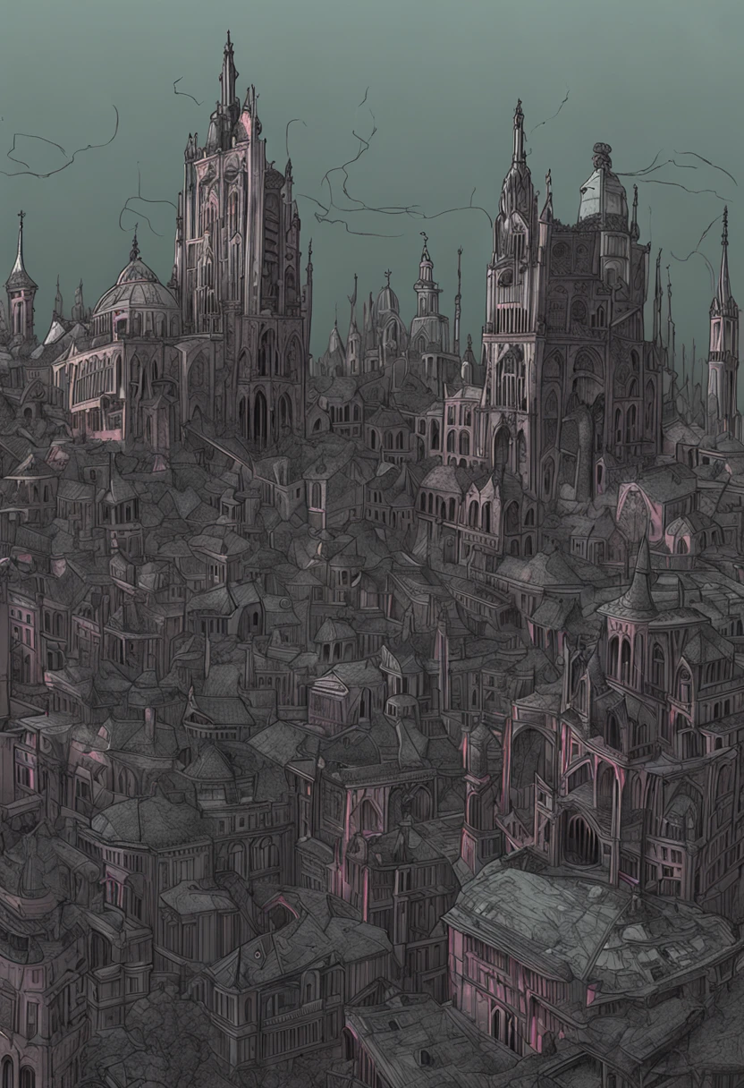 The Gothic Necroid city is a hauntingly beautiful and eerie testament to the civilization's deep reverence for death and the afterlife. Its architecture is a blend of dark aesthetics, intricate designs, and a sense of otherworldly mystique. Here's a visual description:

Cityscape:
As you approach the Gothic Necroid city, you are greeted by a sprawling metropolis shrouded in a perpetual twilight. Dark clouds loom overhead, casting an ethereal glow on the city's pale and translucent buildings. The cityscape stretches across a desolate landscape, with towering spires, ornate archways, and intricate bridges that span the gaps between buildings.