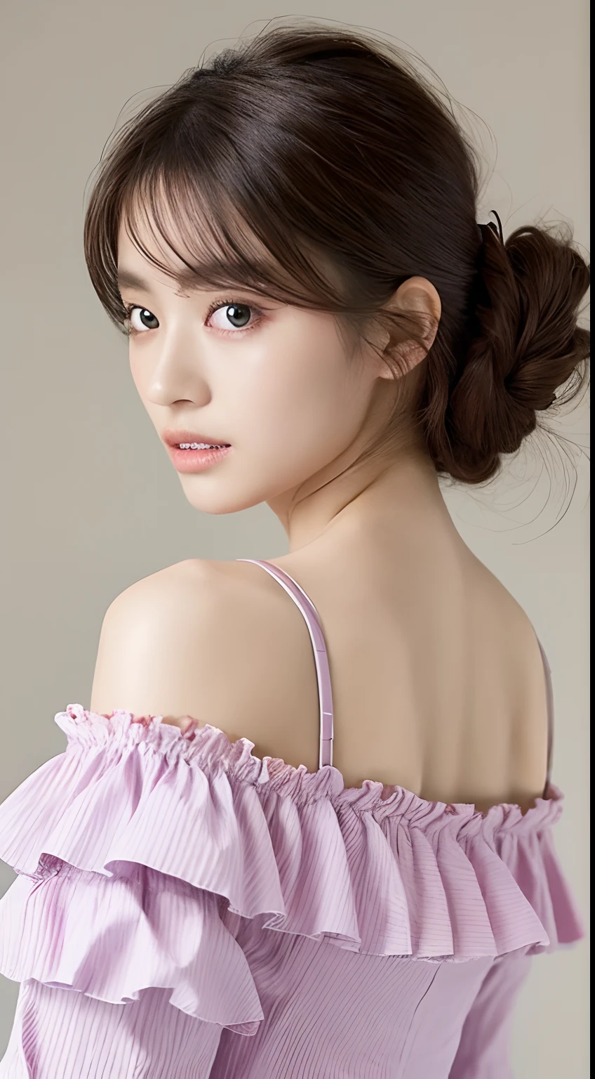 one American model ,Unique details, off shoulder frilly blouse, Near future, Curvilinear details , double eyelid, simple background